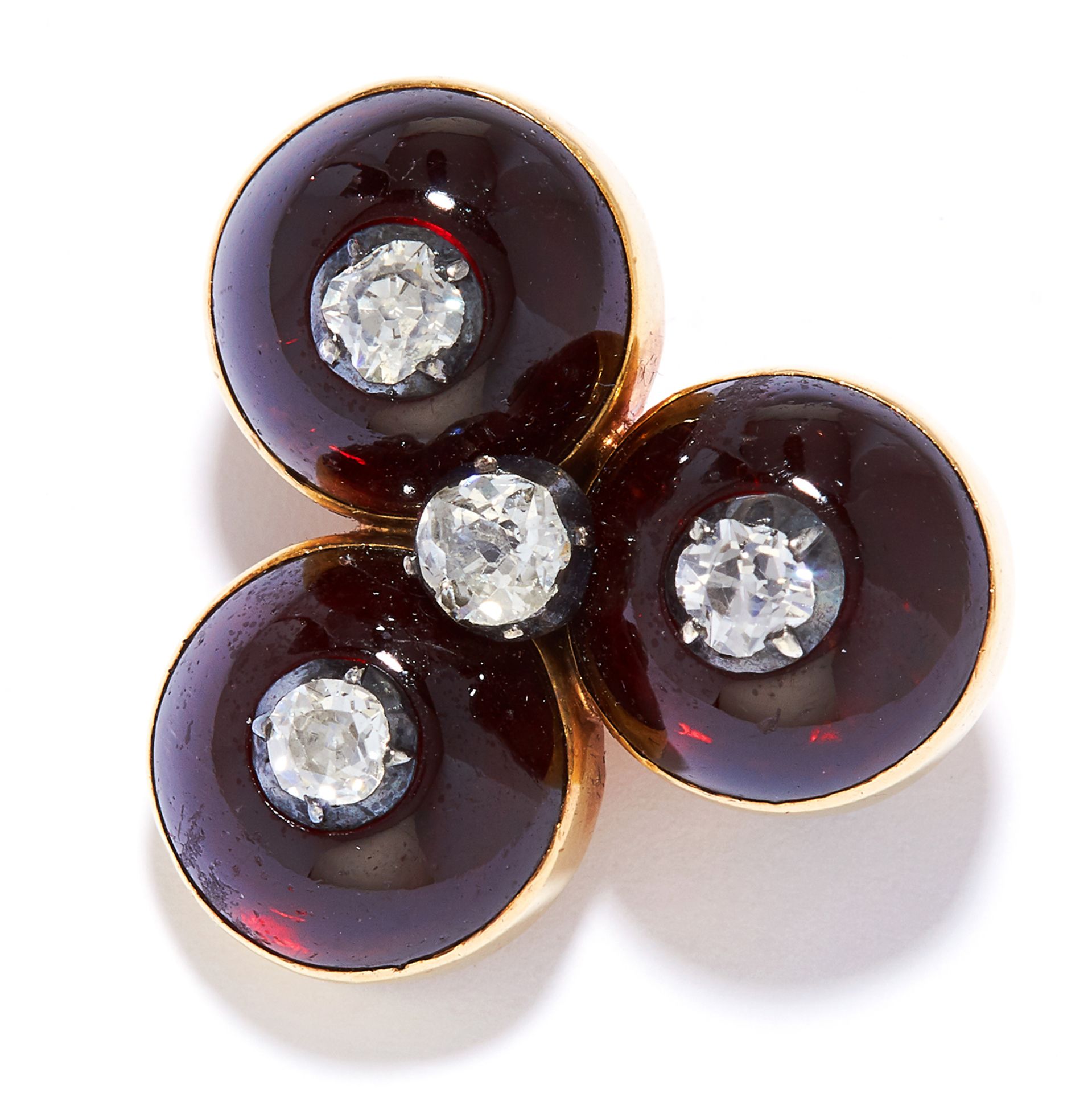 ANTIQUE GARNET AND DIAMOND BROOCH, 19TH CENTURY in high carat yellow gold, comprising of three