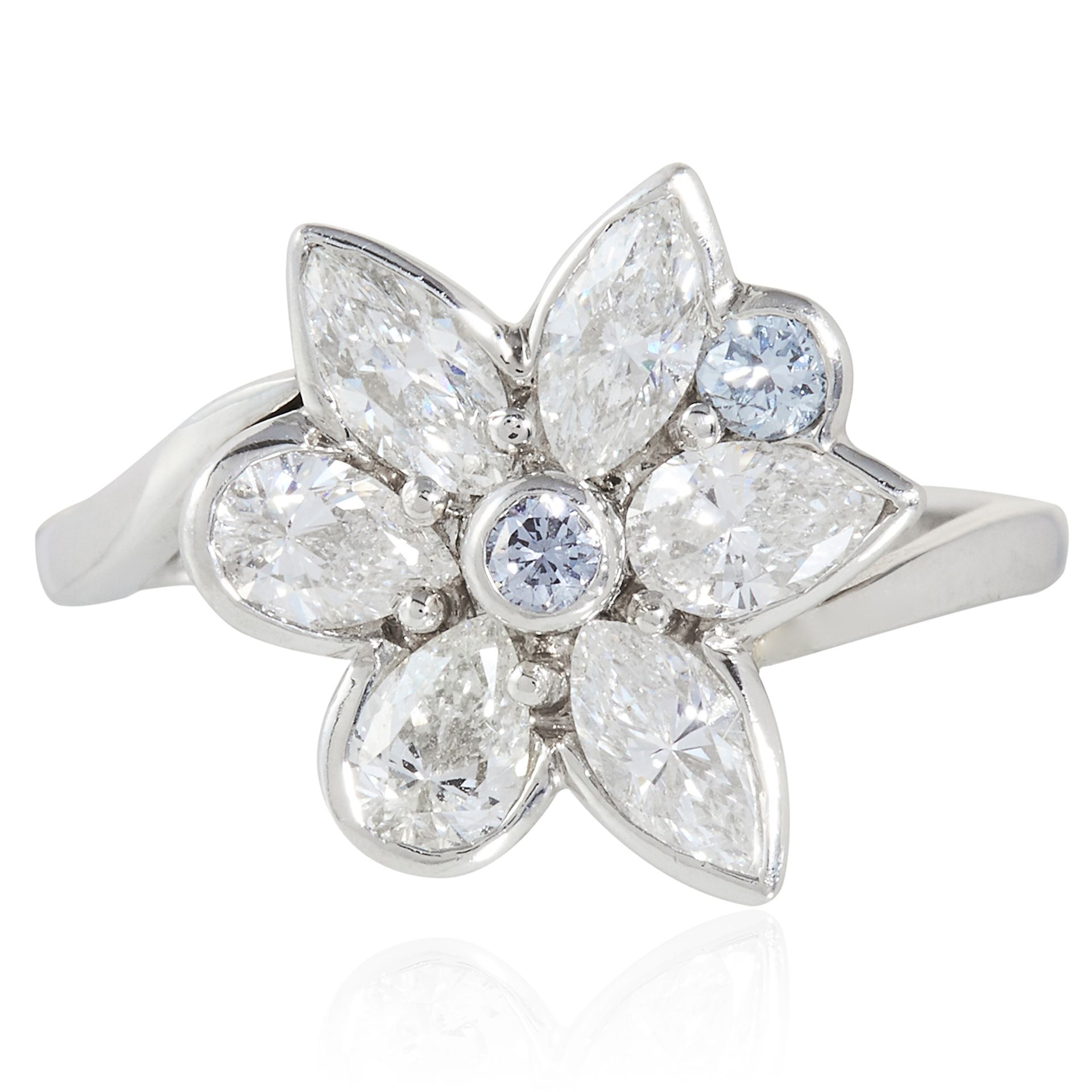 BLUE DIAMOND AND WHITE DIAMOND DRESS RING, HIRSH in platinum, depicting a flower set with two