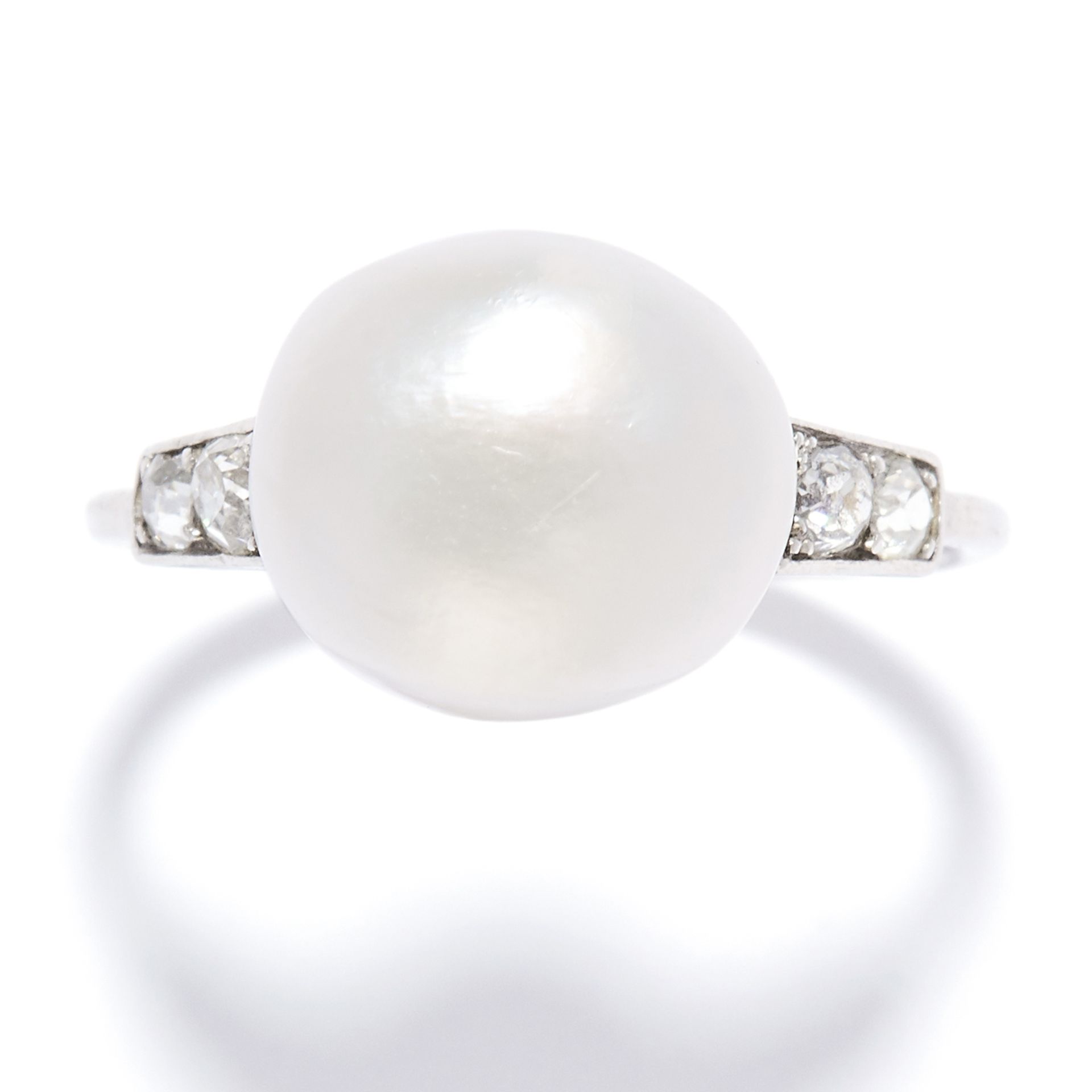 ANTIQUE NATURAL PEARL AND DIAMOND RING in platinum, the pearl of 11.3mm flanked by pairs of old