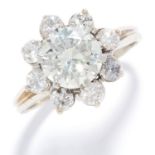 2.31 CARAT DIAMOND CLUSTER RING in platinum or white gold, the central round cut diamond of 1.67