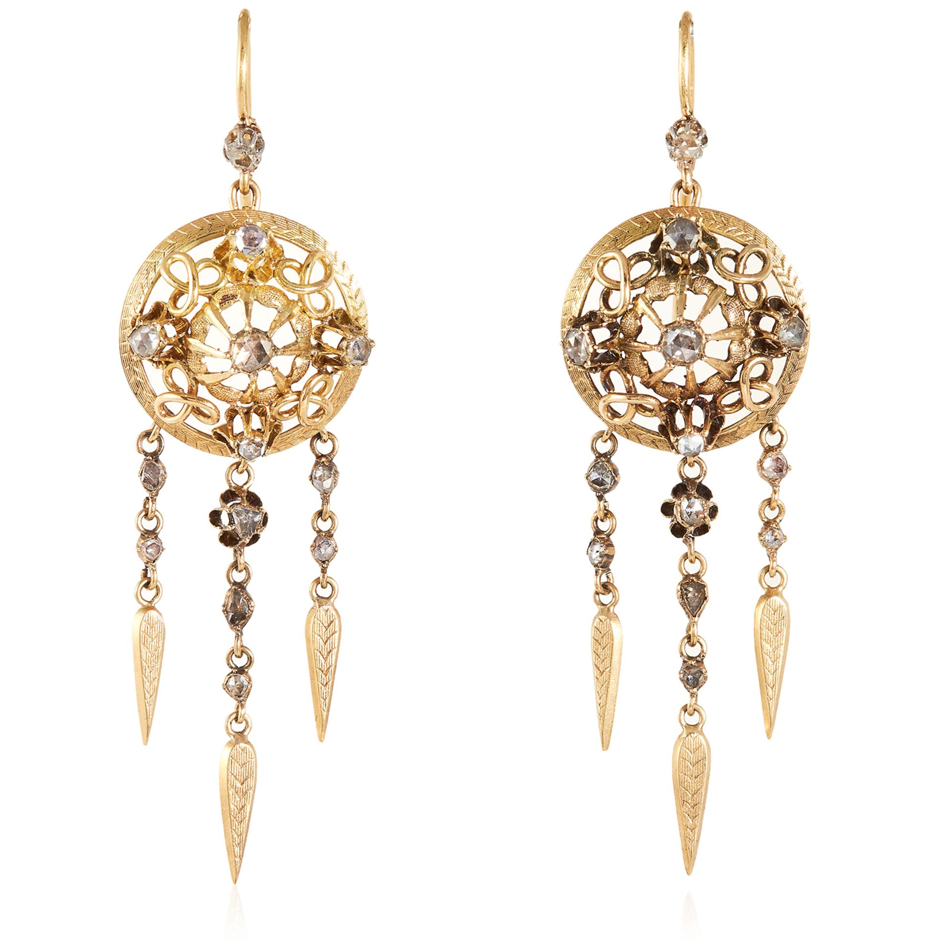 A PAIR OF ANTIQUE DIAMOND DROP EARRINGS, 19TH CENTURY in high carat yellow gold, the circular,