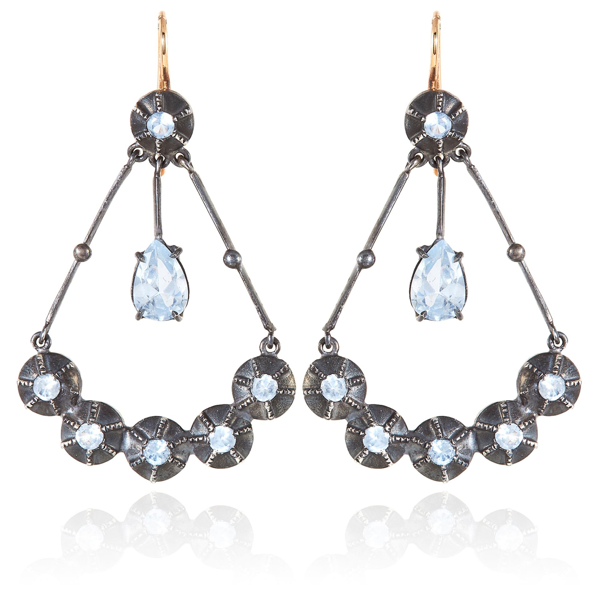 A PAIR OF ANTIQUE AQUAMARINE AND DIAMOND EARRINGS in silver and gold, each comprising of six round