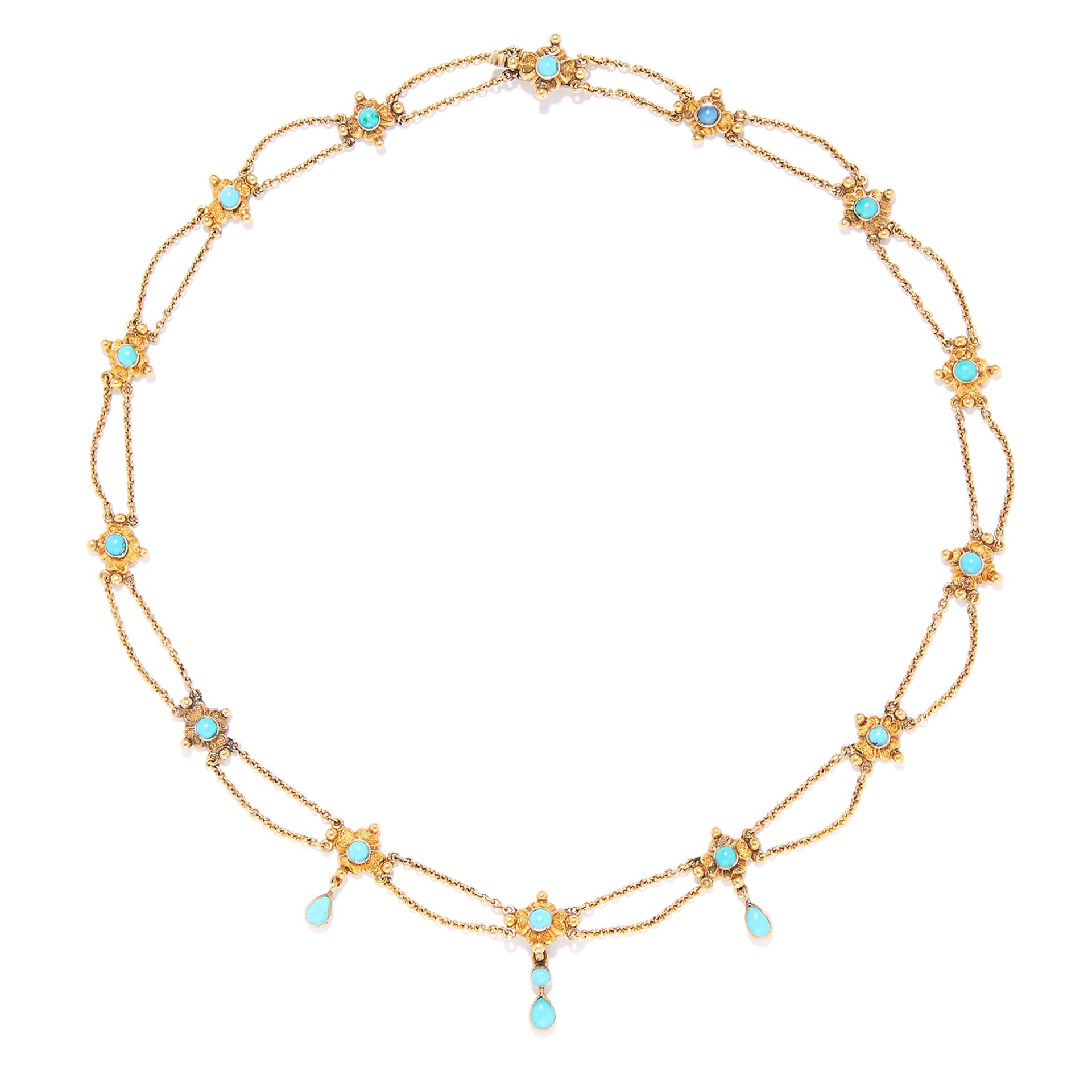 ANTIQUE TURQUOISE NECKLACE in high carat yellow gold, set with fourteen turquoise links between a