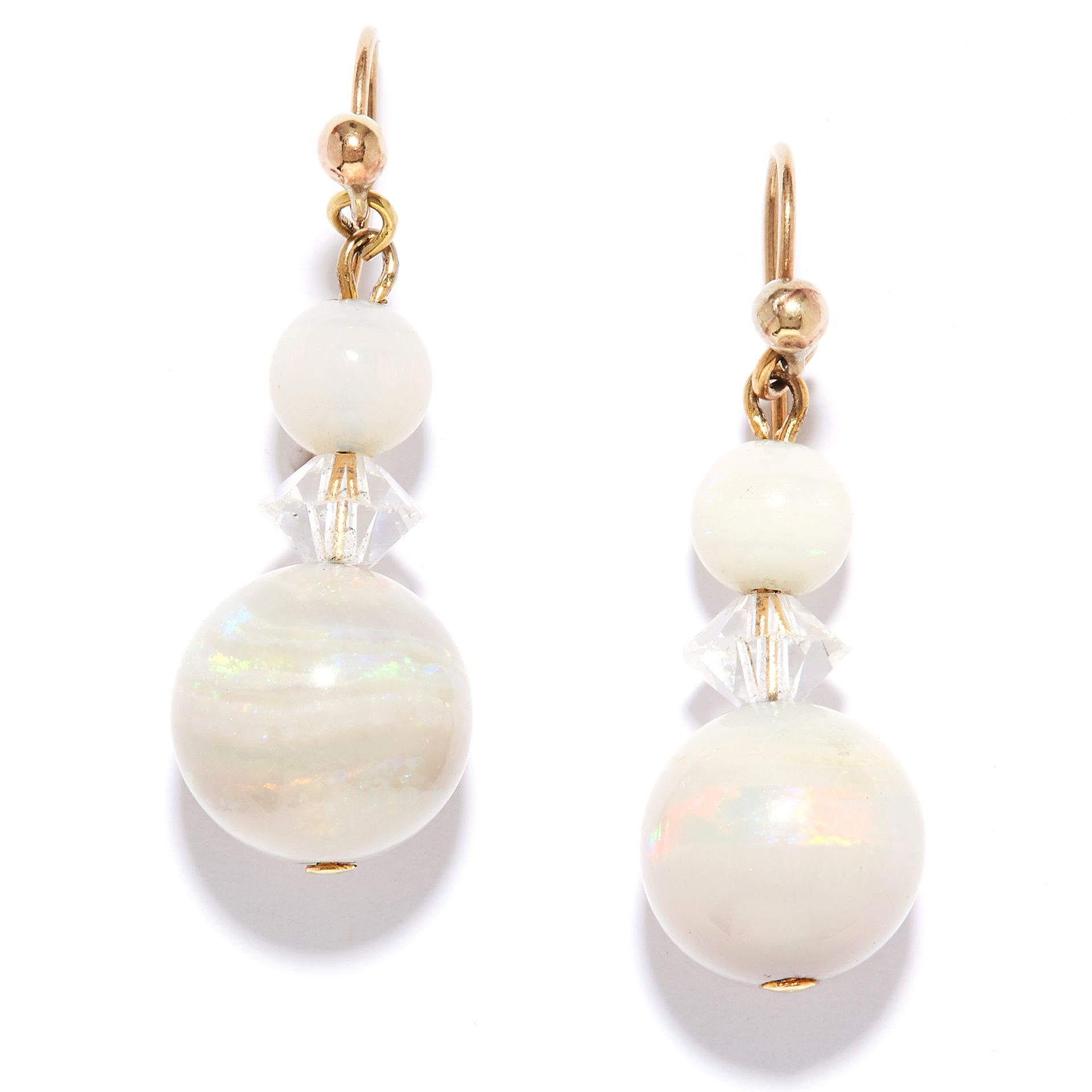 OPAL AND ROCK CRYSTAL DROP EARRINGS in yellow gold, each set with two graduated opal beads with rock