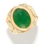 CHINESE JADEITE JADE RING in 24ct yellow gold, set with a polished jade cabochon, Chinese marks,