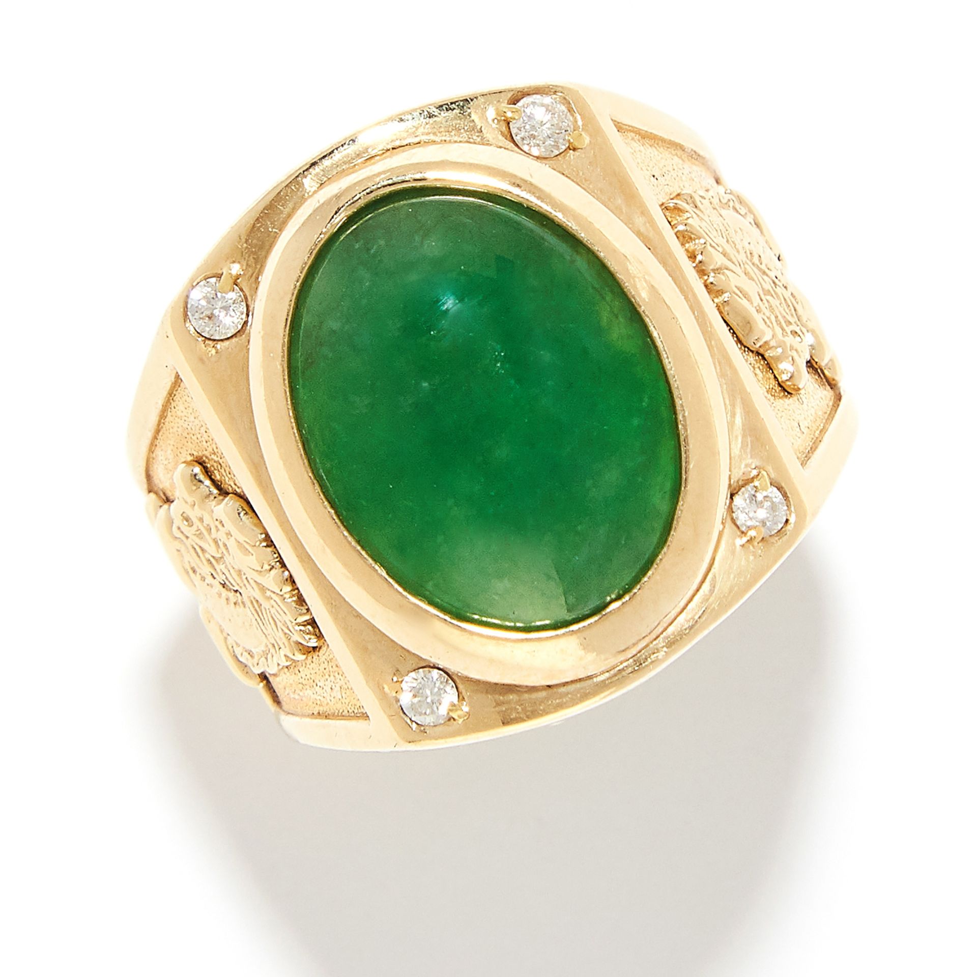 CHINESE JADEITE JADE RING in 24ct yellow gold, set with a polished jade cabochon, Chinese marks,