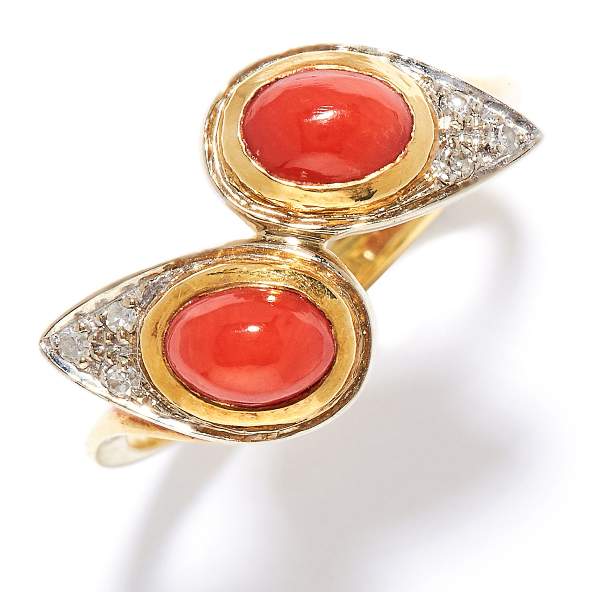 VINTAGE CORAL AND DIAMOND TOI ET MOI RING in 18ct yellow gold, the twisted band terminated by pear