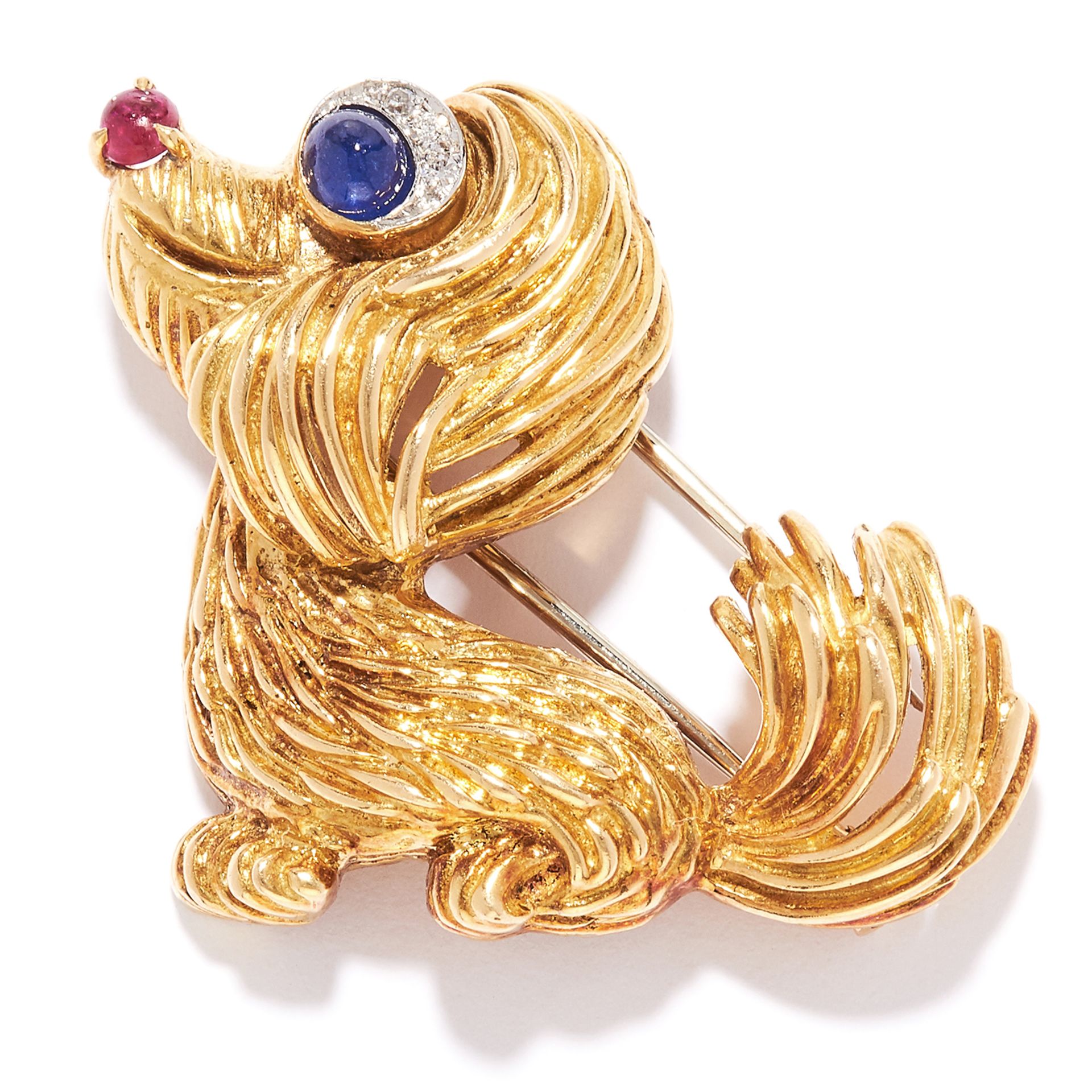 RUBY, SAPPHIRE AND DIAMOND NOVELTY DOG BROOCH in high carat yellow gold, depicting a dog, set with a
