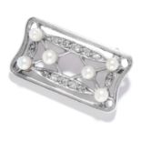 ANTIQUE NATURAL PEARL AND DIAMOND BROOCH in platinum or white gold, the rectangular openwork body