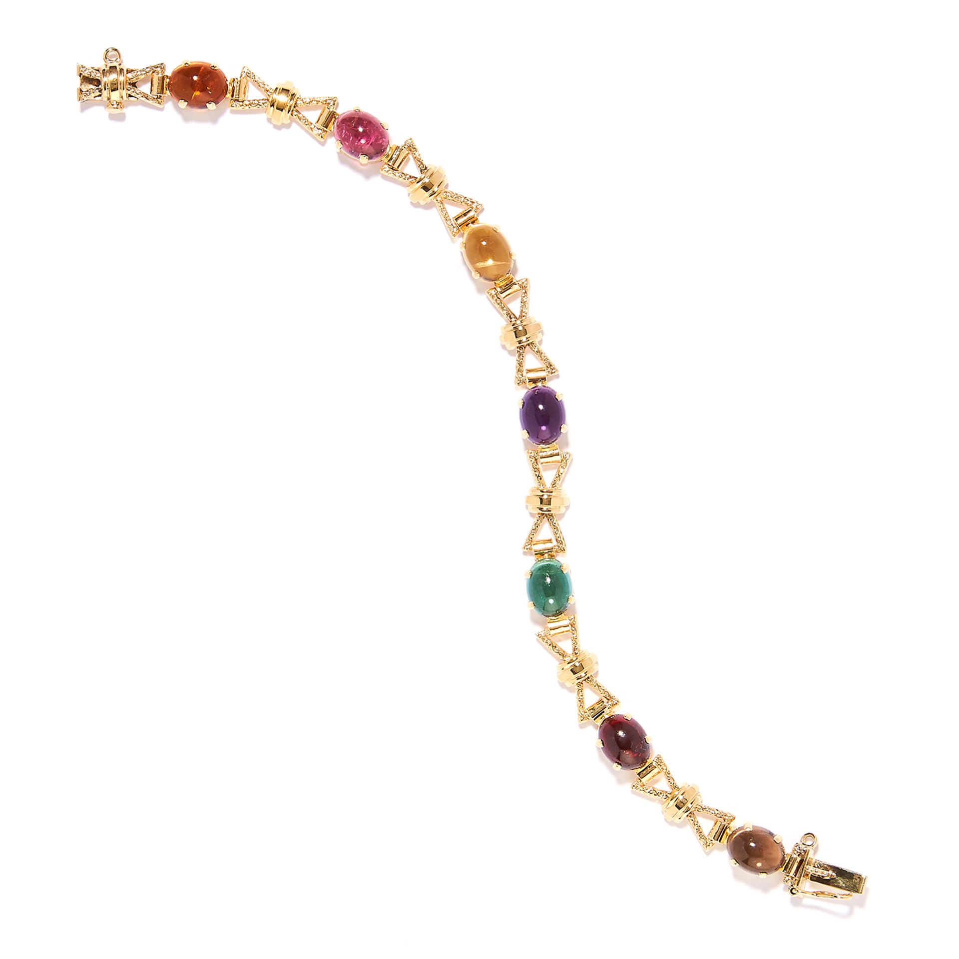 A GEMSET FANCY LINK BRACELET in yellow gold, set with various cabochon gems including amethyst,