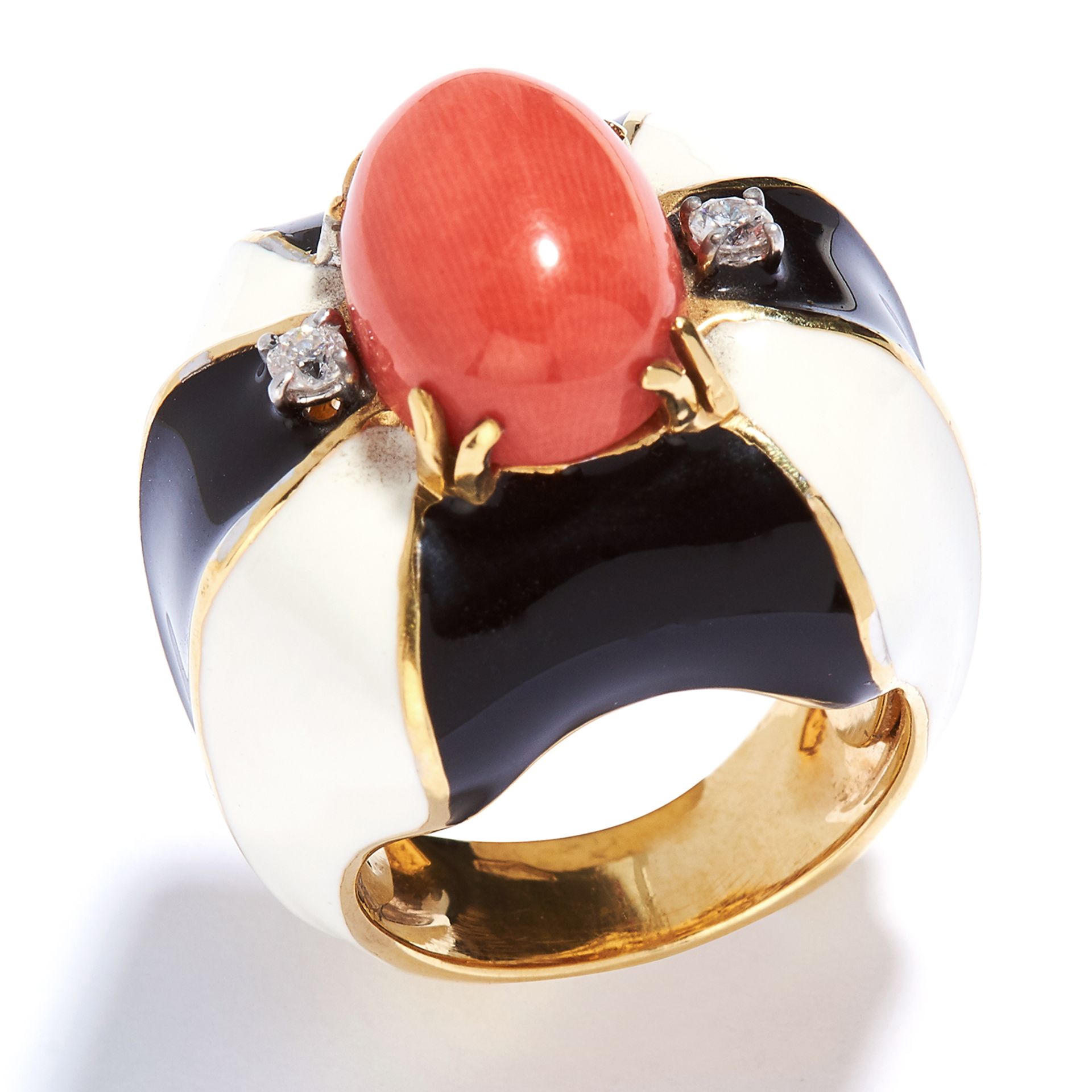 CORAL, DIAMOND AND ENAMEL RING in 18ct yellow gold, the oval coral cabochon within a border of