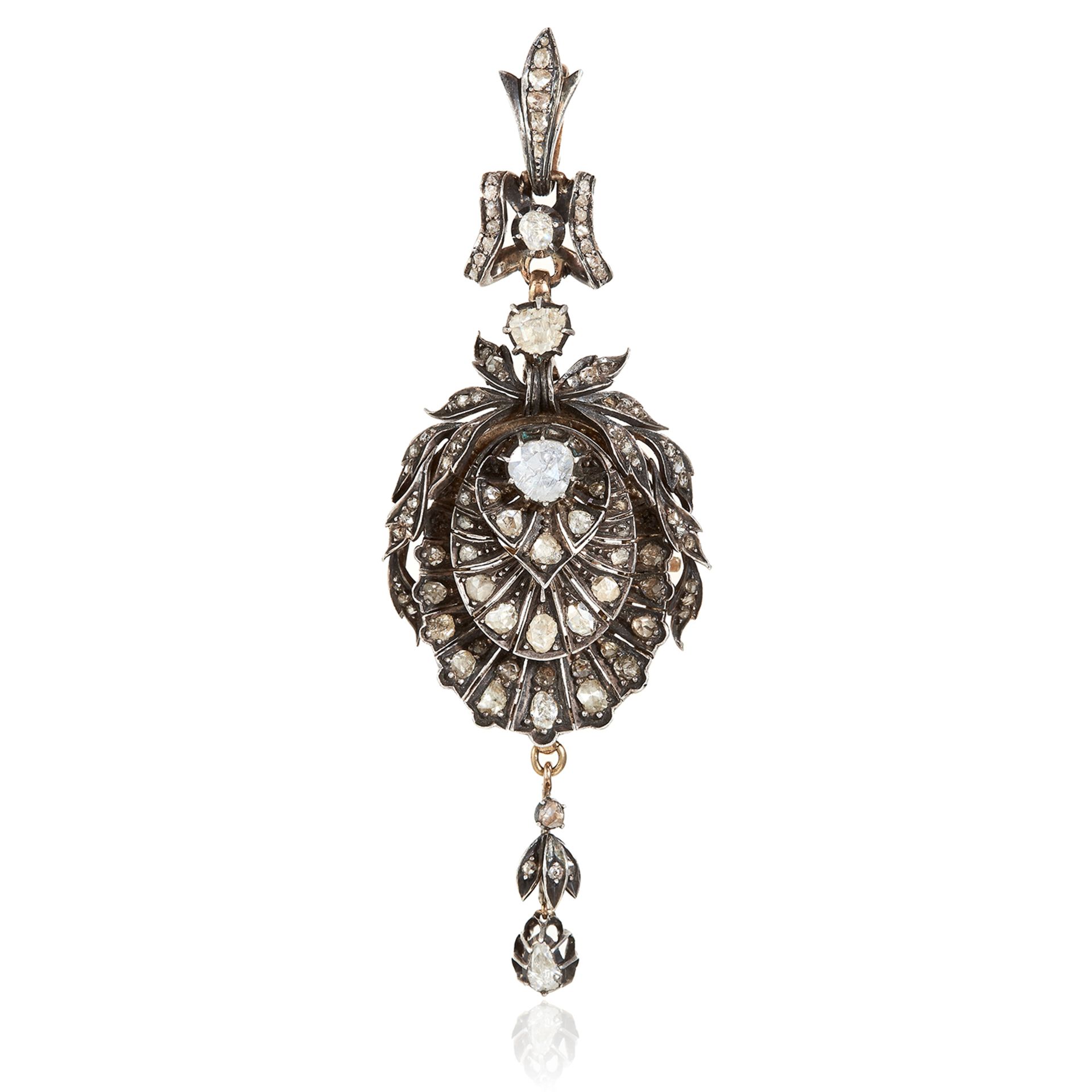 AN ANTIQUE DIAMOND PENDANT / BROOCH, 19TH CENTURY in high carat yellow gold and silver, the oval