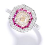 DIAMOND AND RUBY DRESS RING in 18ct white gold, in Art Deco design, set with an old cut diamond of