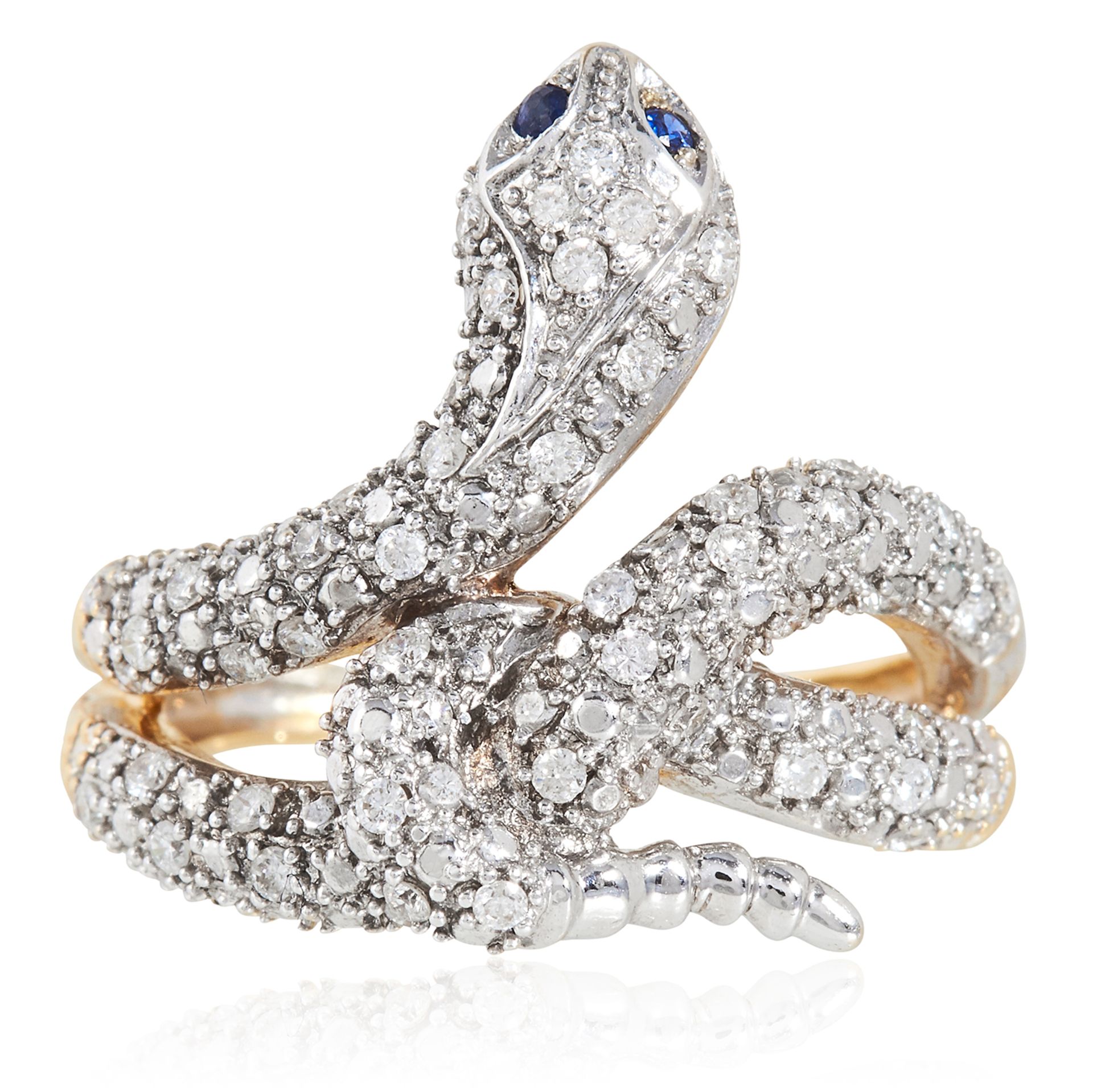 A DIAMOND AND SAPPHIRE SNAKE RING in gold, depicting a snake, set with round cut diamonds and