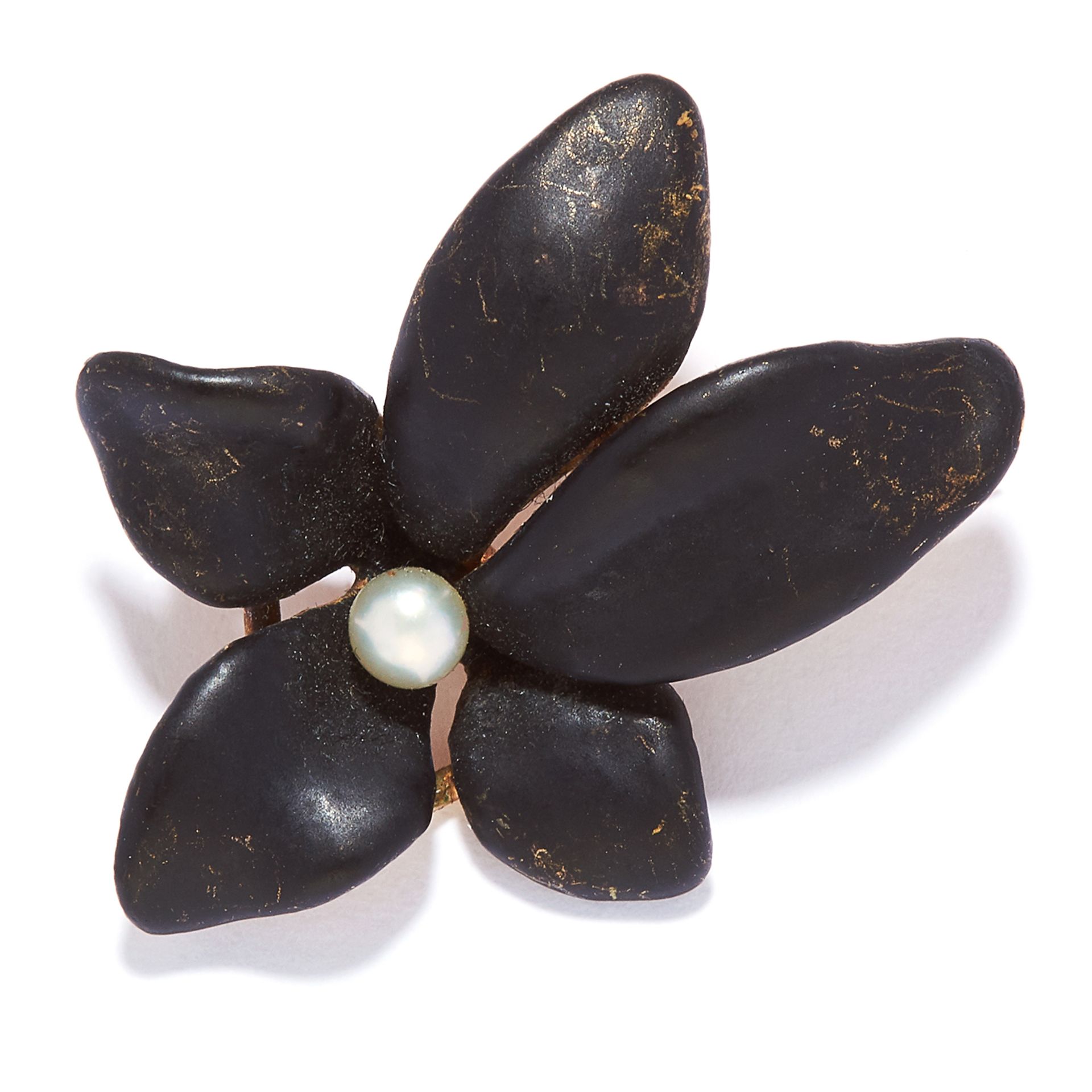 ANTIQUE PEARL AND ENAMEL FLOWER BROOCH in 14ct yellow gold, comprising of black enamel leaves and