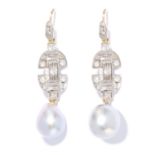 ART DECO PEARL AND DIAMOND DROP EARRINGS in platinum and yellow gold, each suspending a pearl