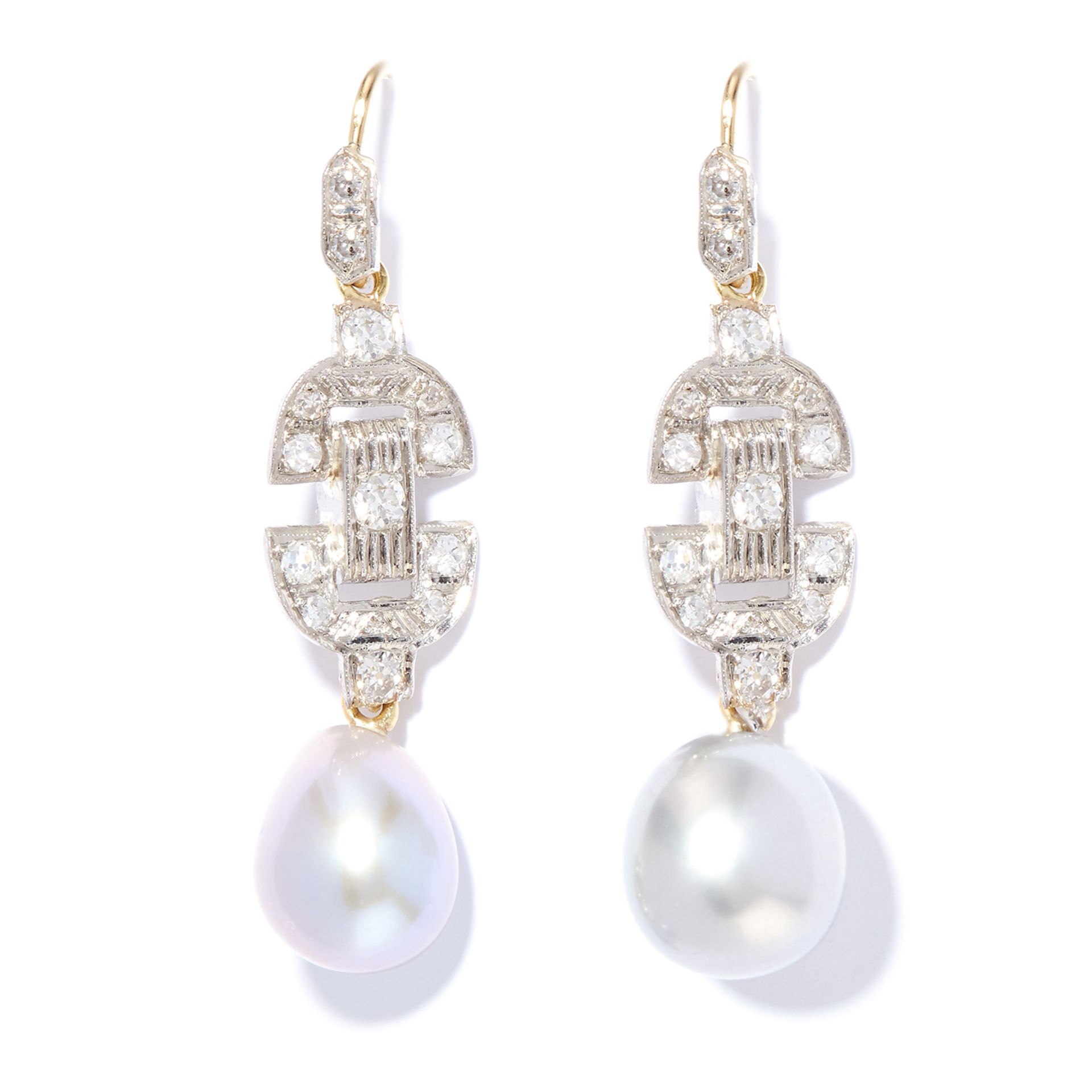 ART DECO PEARL AND DIAMOND DROP EARRINGS in platinum and yellow gold, each suspending a pearl