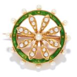 ANTIQUE PEARL AND ENAMEL BROOCH in 15ct yellow gold, in circular foliate motif, set with green