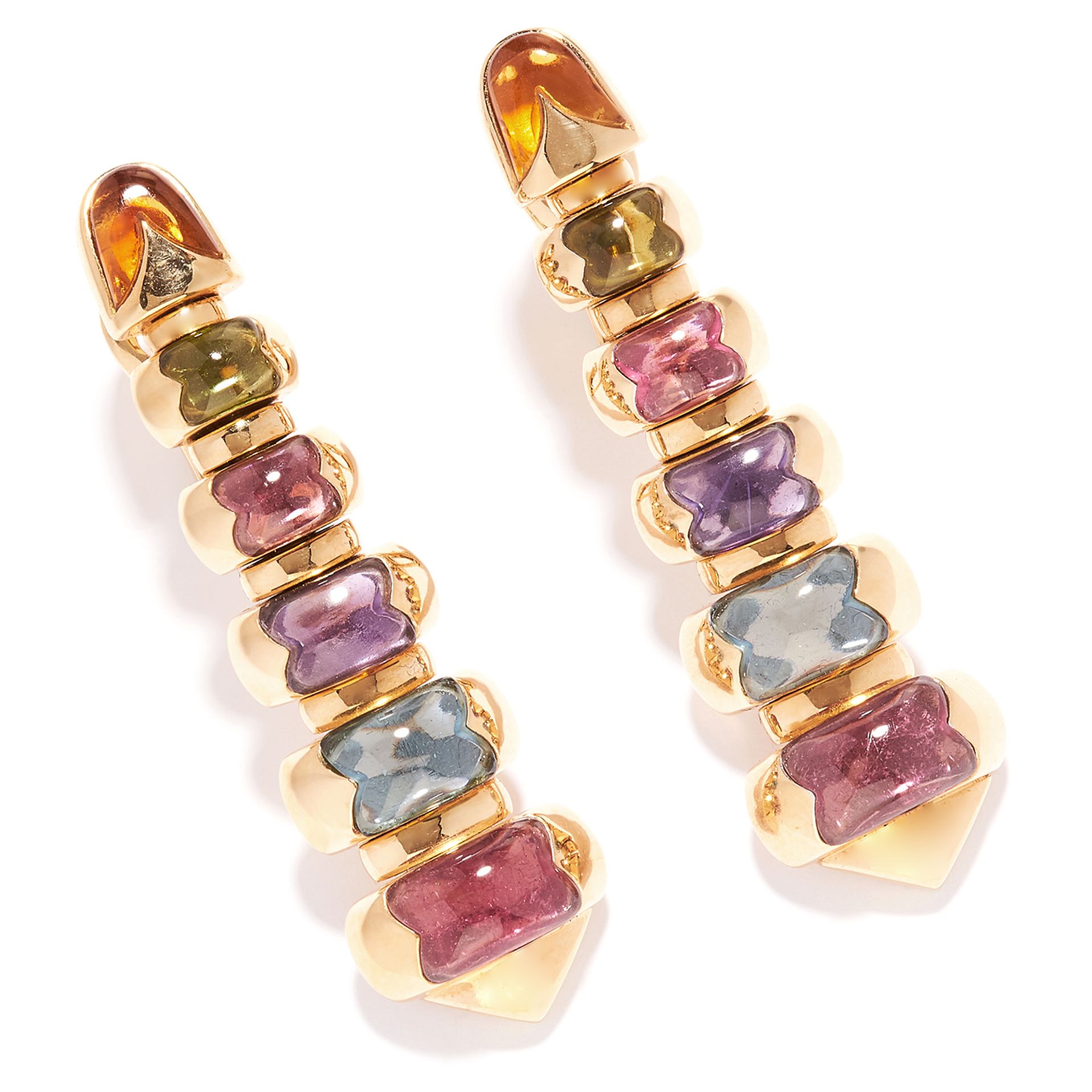 JEWELLED DROP EARRINGS, BULGARI in 18ct yellow gold, the tapering bodies jewelled with various