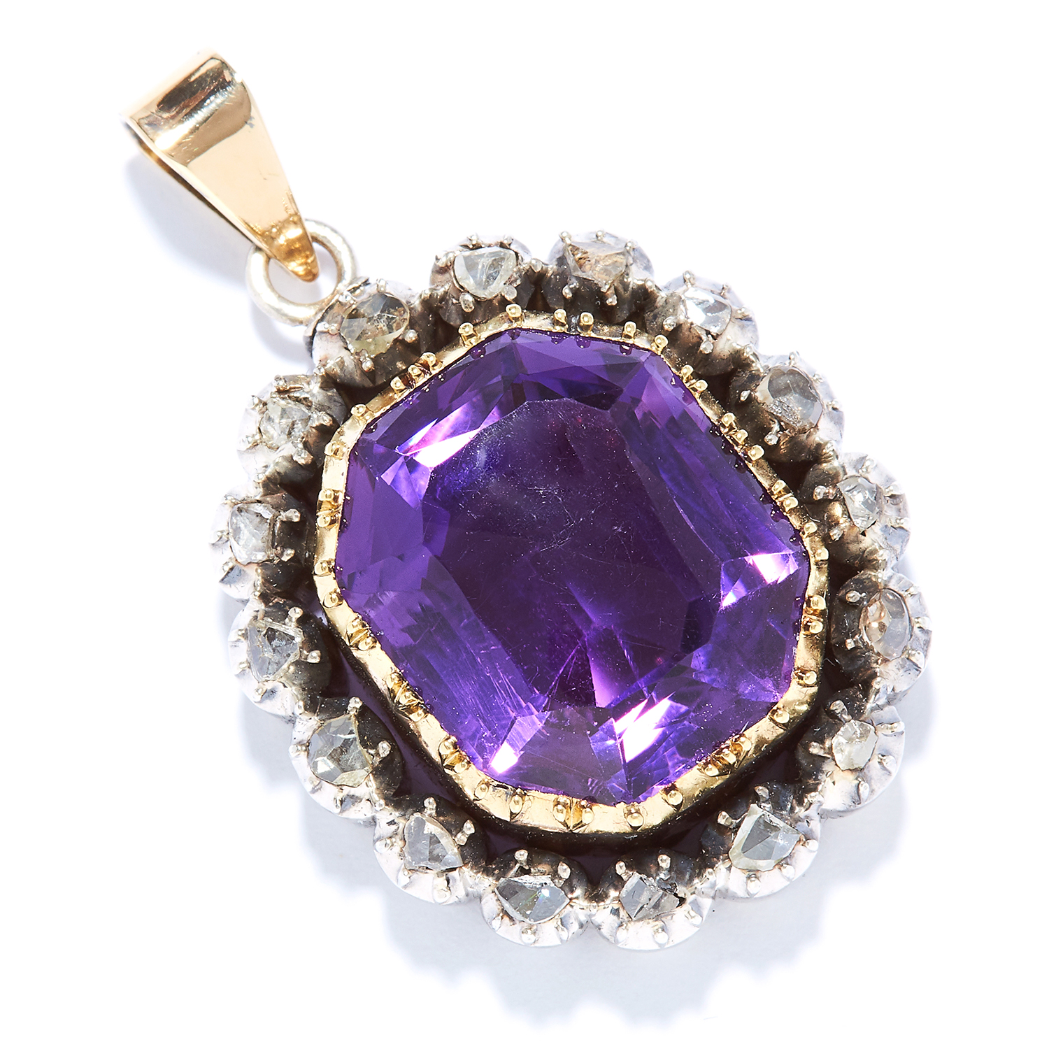 ANTIQUE AMETHYST AND DIAMOND PENDANT in gold, set with an emerald cut amethyst and rose cut