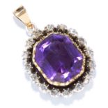 ANTIQUE AMETHYST AND DIAMOND PENDANT in gold, set with an emerald cut amethyst and rose cut