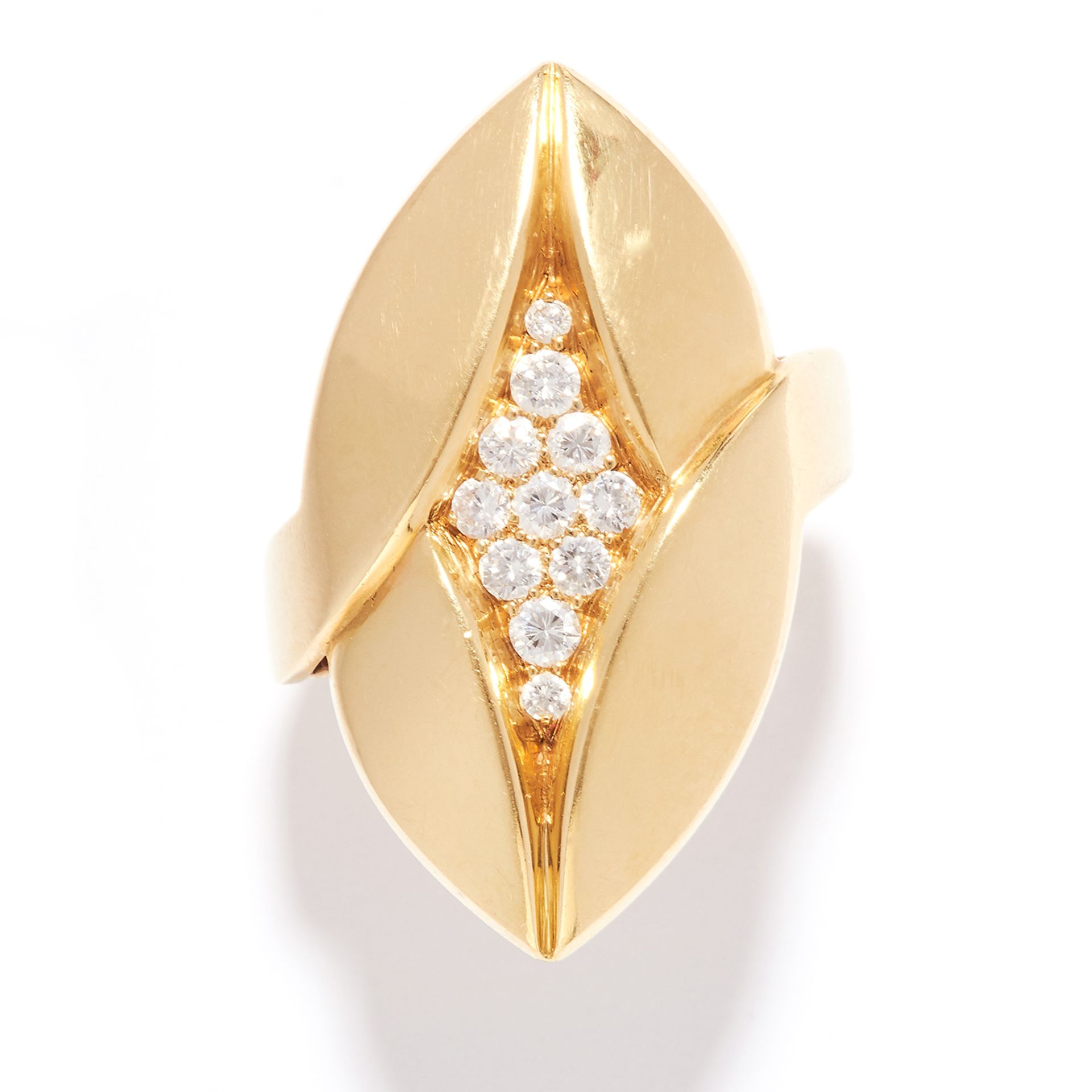 DIAMOND DRESS RING, BULGARI in 18ct yellow gold, the foliate navette face jewelled with round cut