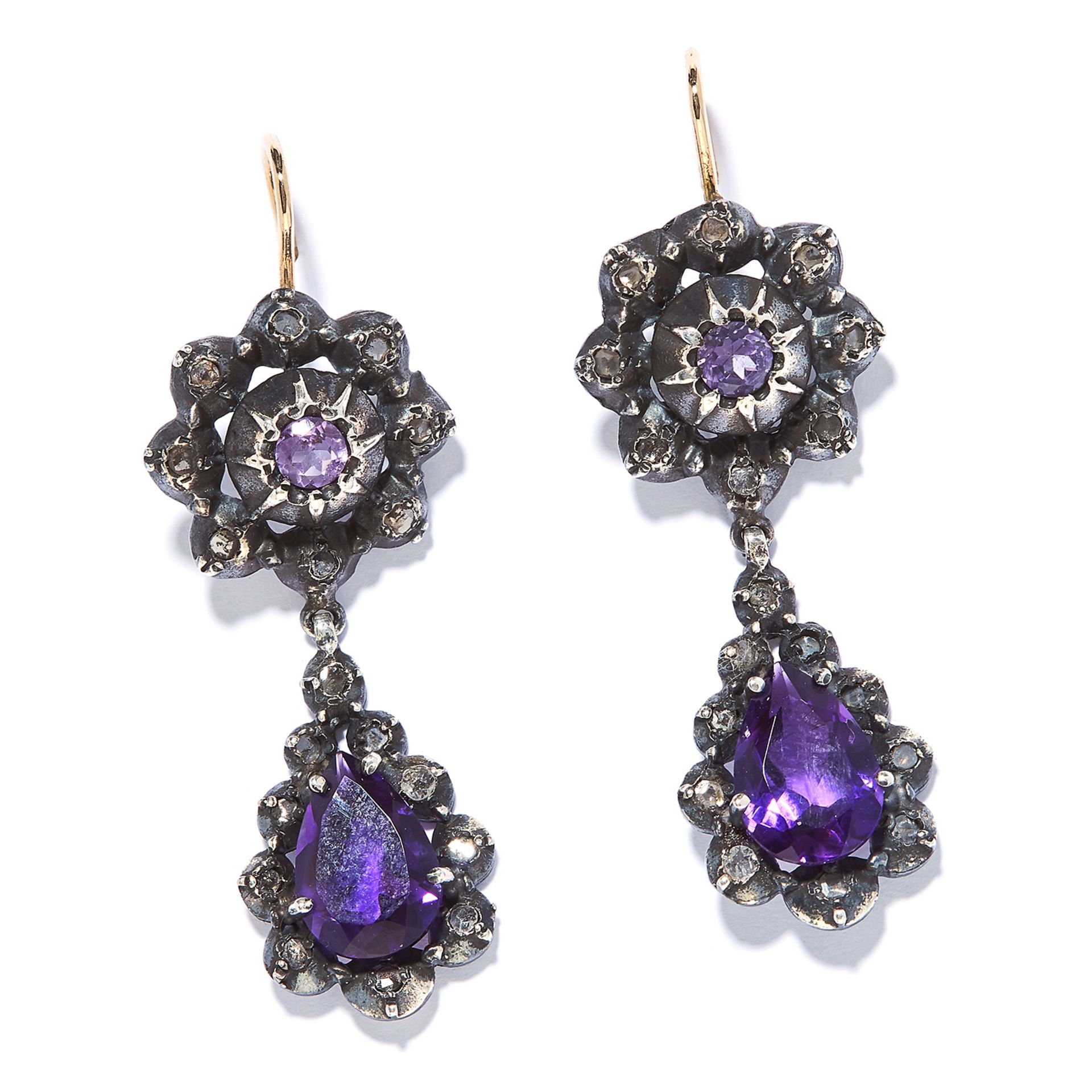 AMETHYST AND DIAMOND EARRINGS the articulated bodies with amethysts encircled by rose cut