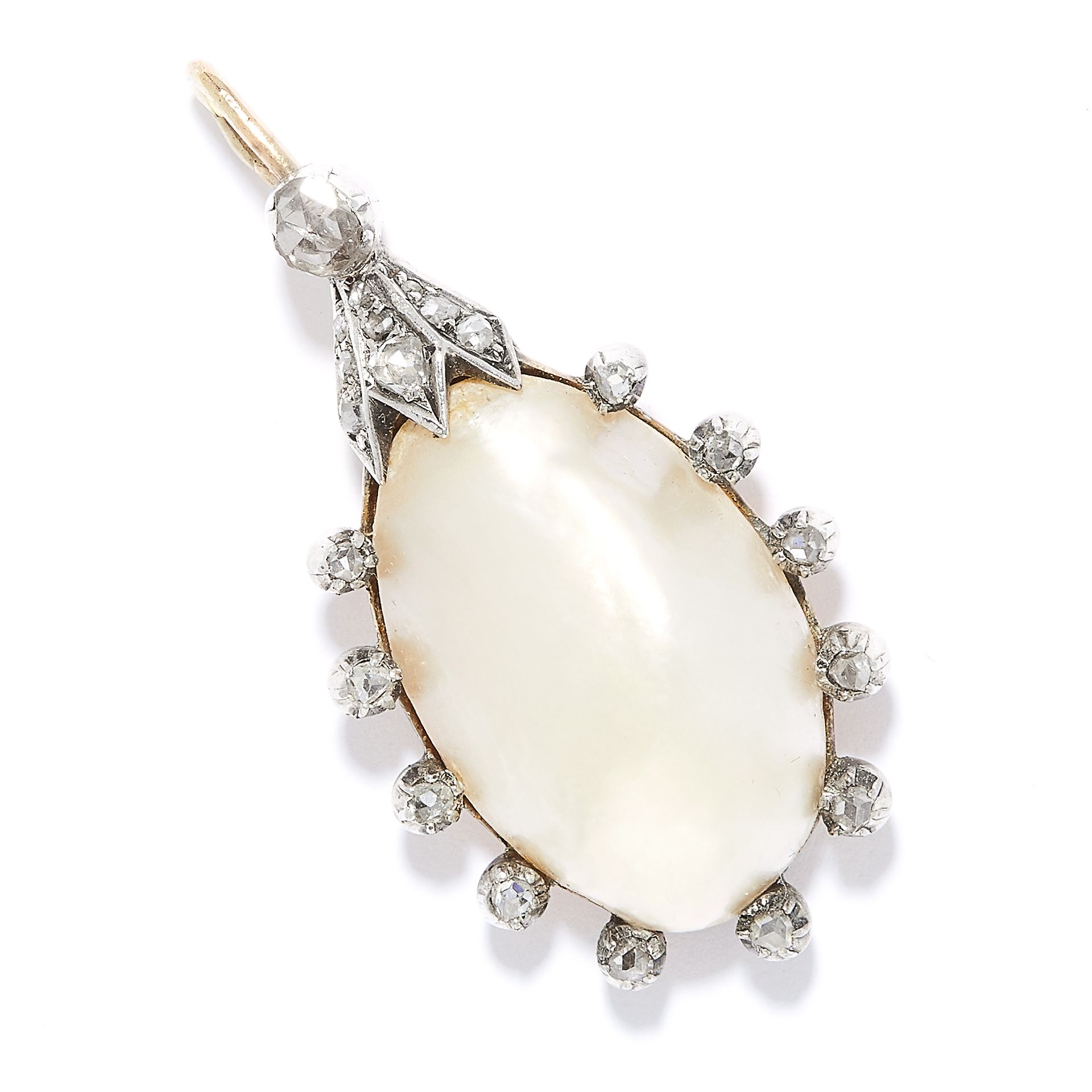 ANTIQUE PEARL AND DIAMOND PENDANT in high carat gold, set with a large pearl in border of rose cut