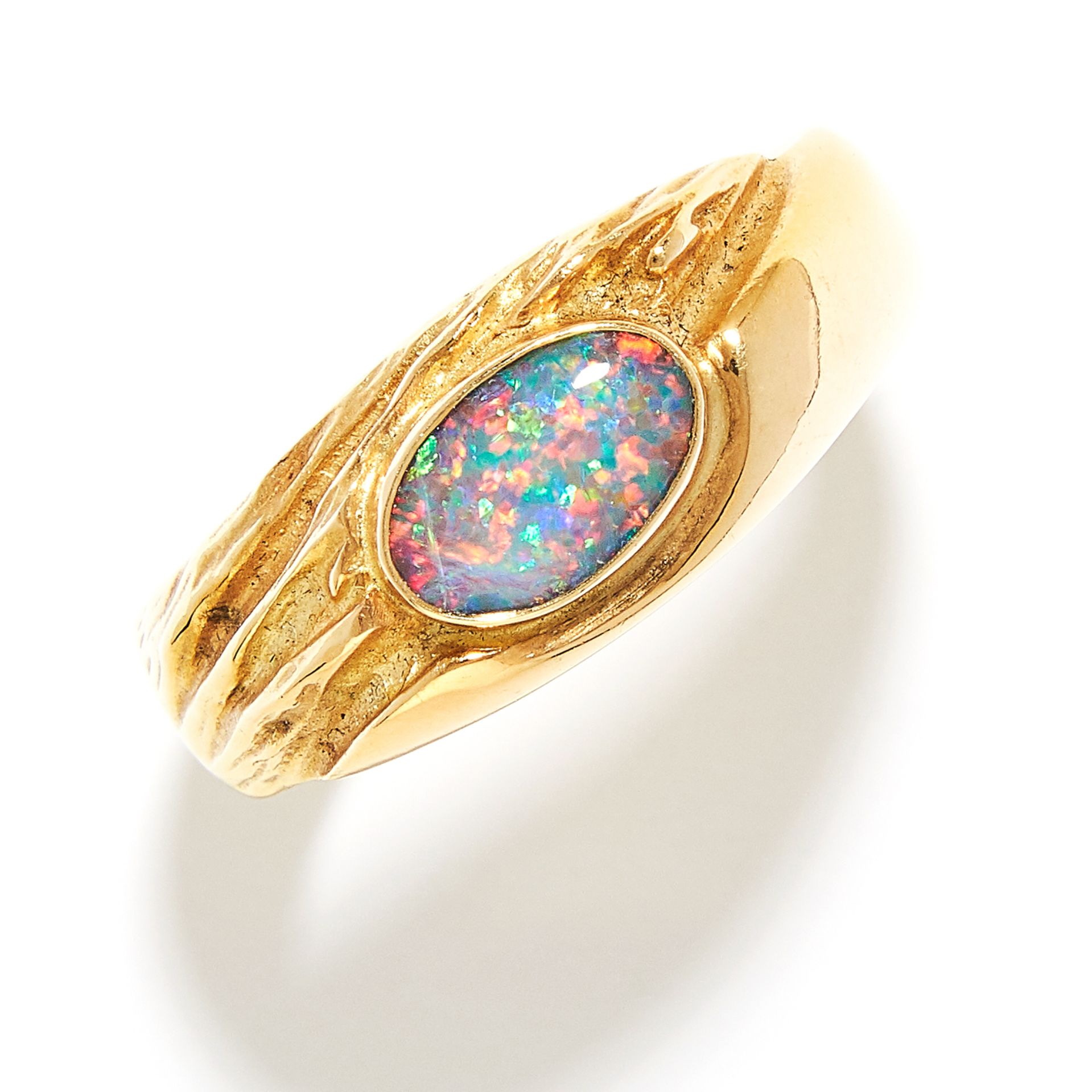OPAL DRESS RING in 18ct yellow gold, the oval cabochon opal collet set within a bevelled band,