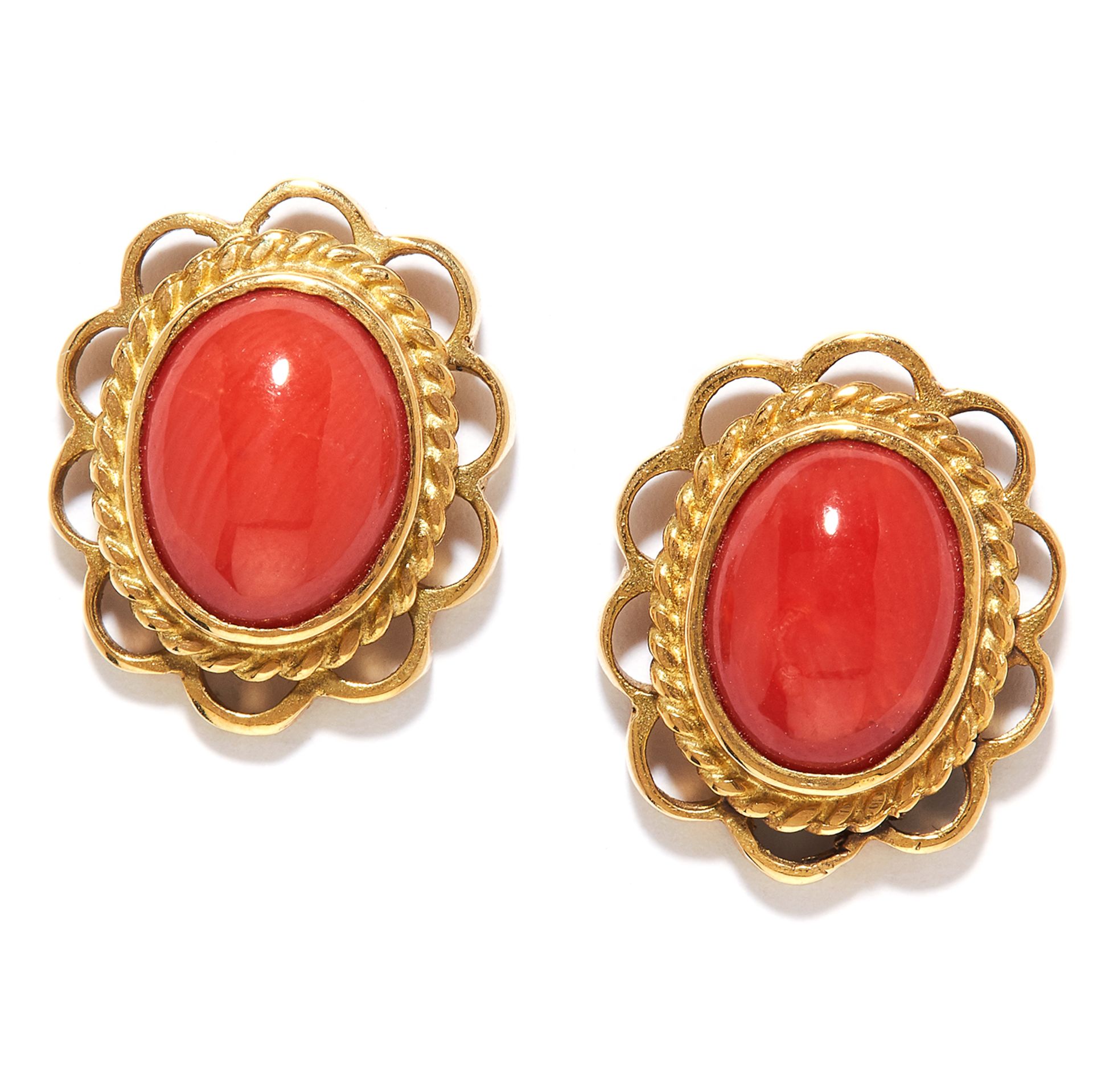 CORAL STUD EARRINGS in 18ct yellow gold, the oval coral cabochons within twisted borders, stamped