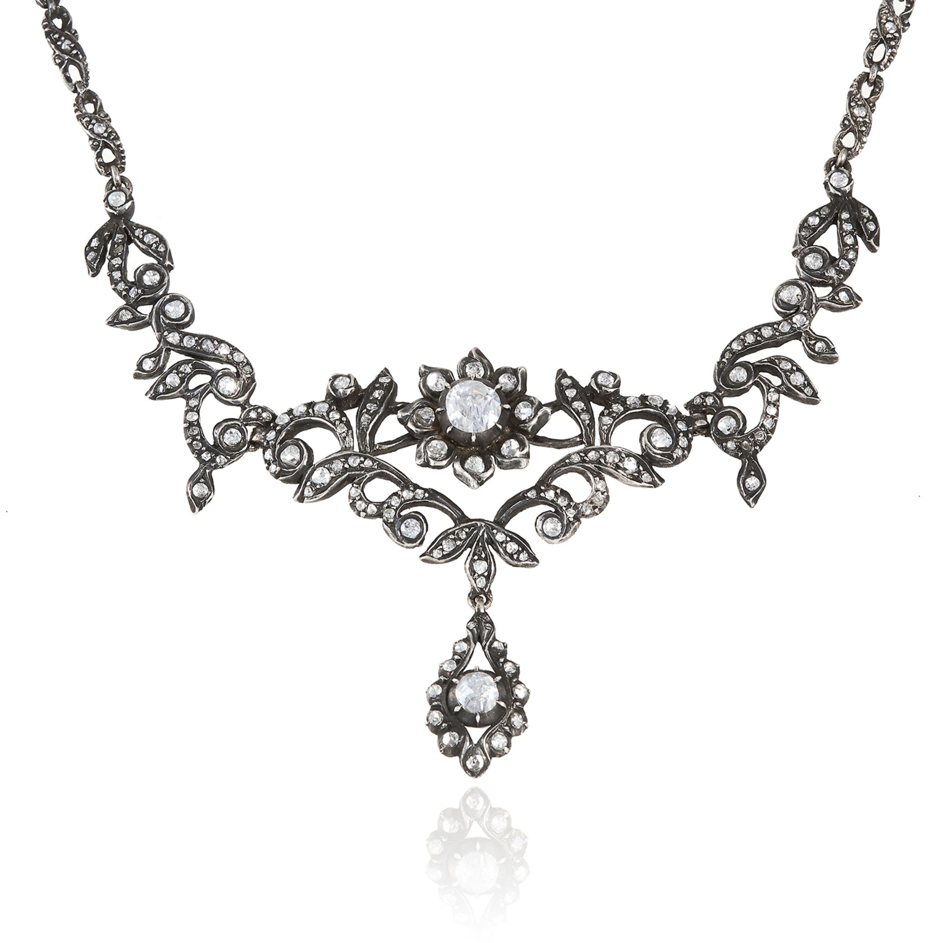 AN ANTIQUE DIAMOND NECKLACE, DUTCH 19TH CENTURY in yellow gold and silver, the scrolling foliate