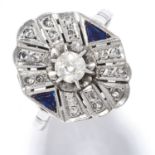 ART DECO DIAMOND AND SAPPHIRE RING in platinum or white gold, the oval face set with an old cut