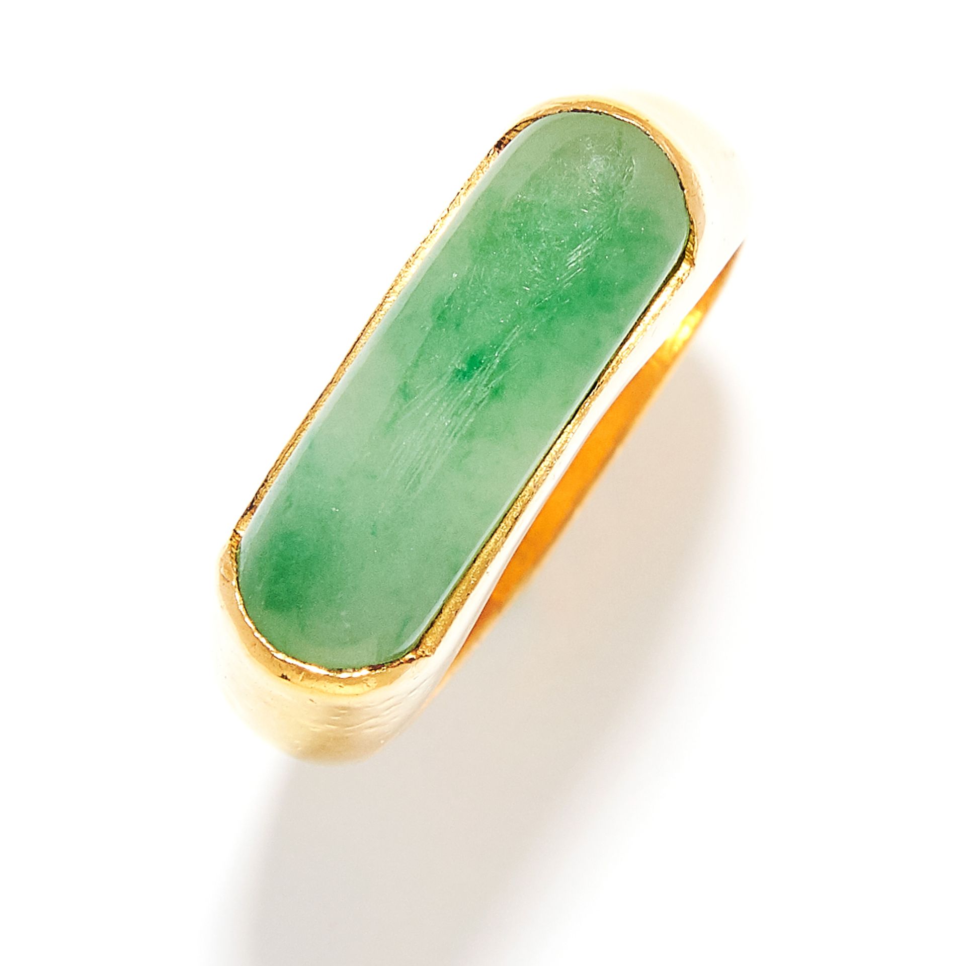 CHINESE JADEITE JADE AND DIAMOND RING in 14ct yellow gold, the oval jade cabochon punctuated by