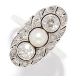 ANTIQUE DIAMOND AND PEARL DRESS RING in 14ct yellow gold, in Art Deco design, set with a pearl and