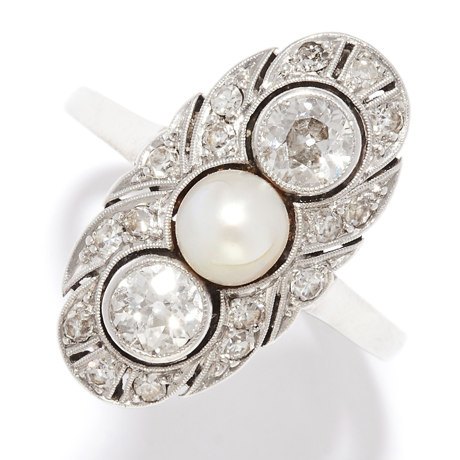 ANTIQUE DIAMOND AND PEARL DRESS RING in 14ct yellow gold, in Art Deco design, set with a pearl and