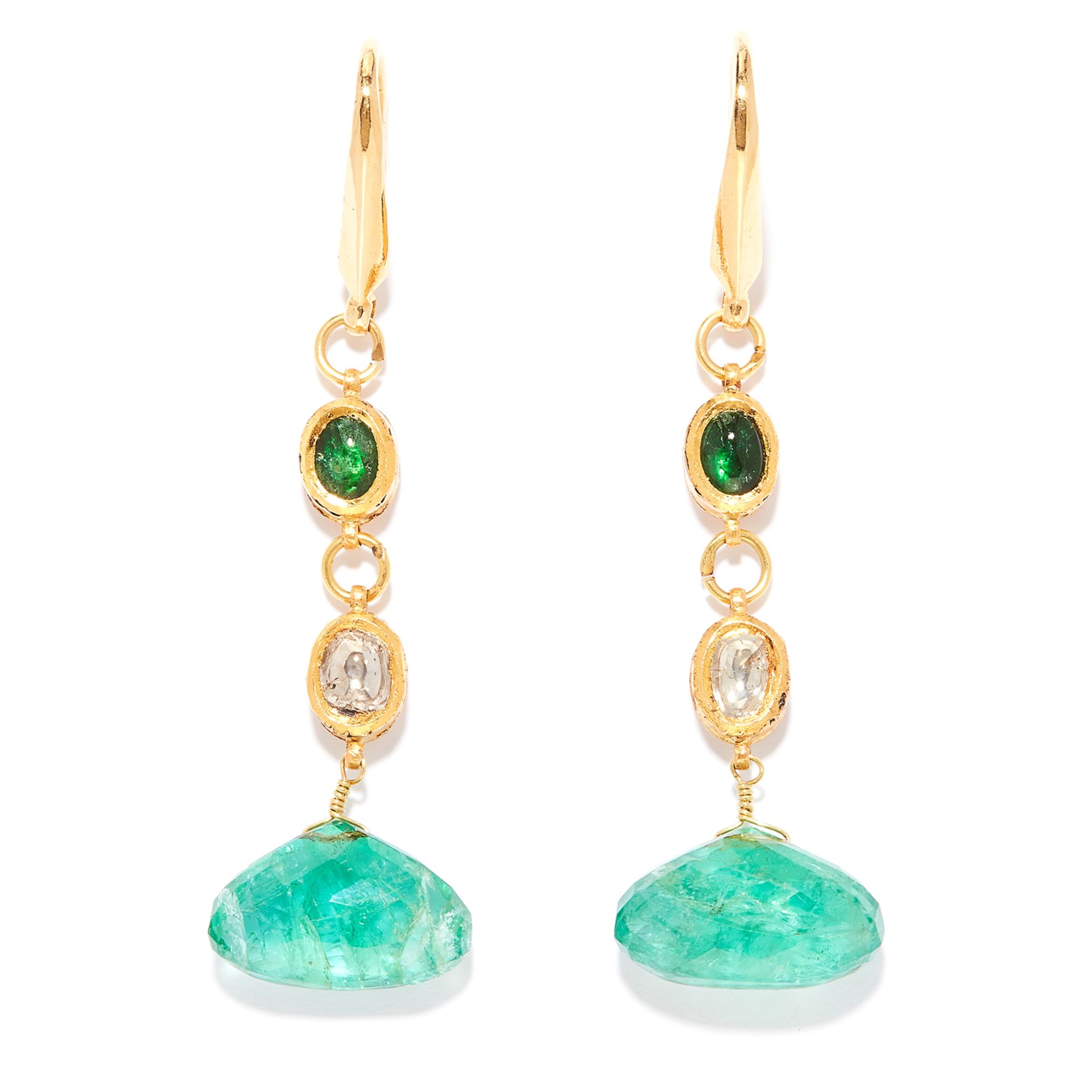 EMERALD AND DIAMOND DROP EARRINGS, INDIAN in high carat yellow gold, each comprising of a cabochon