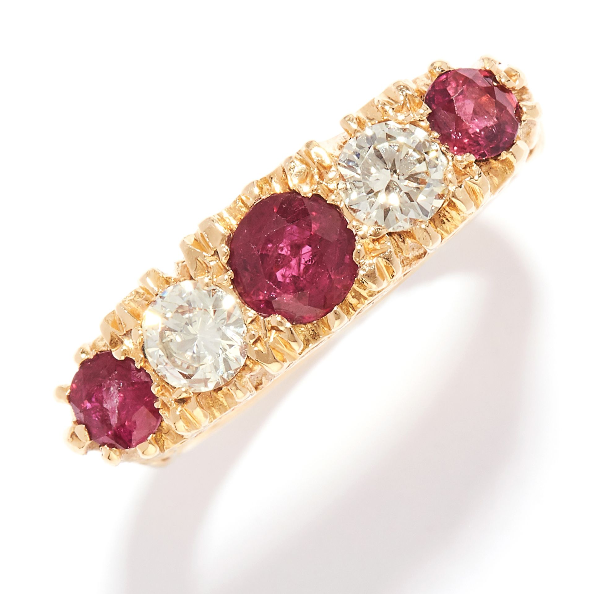 RUBY AND DIAMOND FIVE STONE RING in 18ct yellow gold, set with three round cut rubies and two