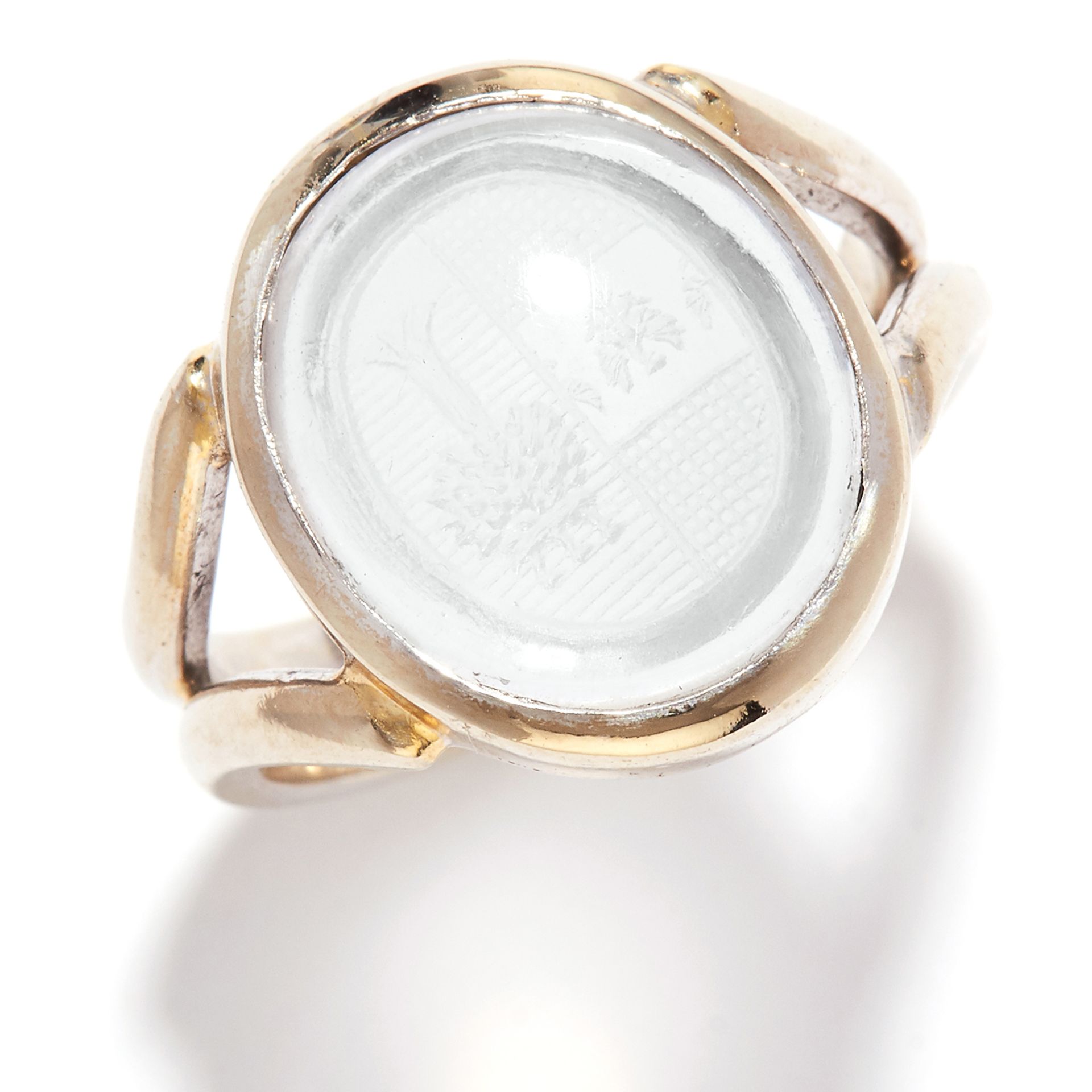 MOONSTONE INTAGLIO / SEAL SIGNET RING in 18ct white gold, the bifurcated band set with a moonstone