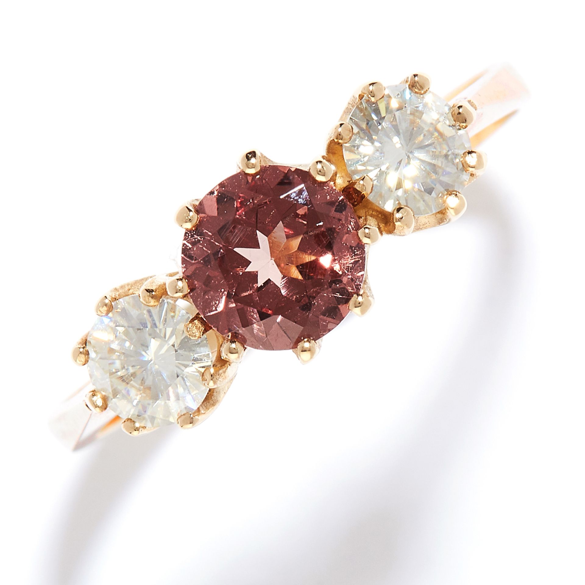 GARNET AND MOISSANITE THREE STONE RING in yellow gold, the round cut pink garnet of 1.0 carats