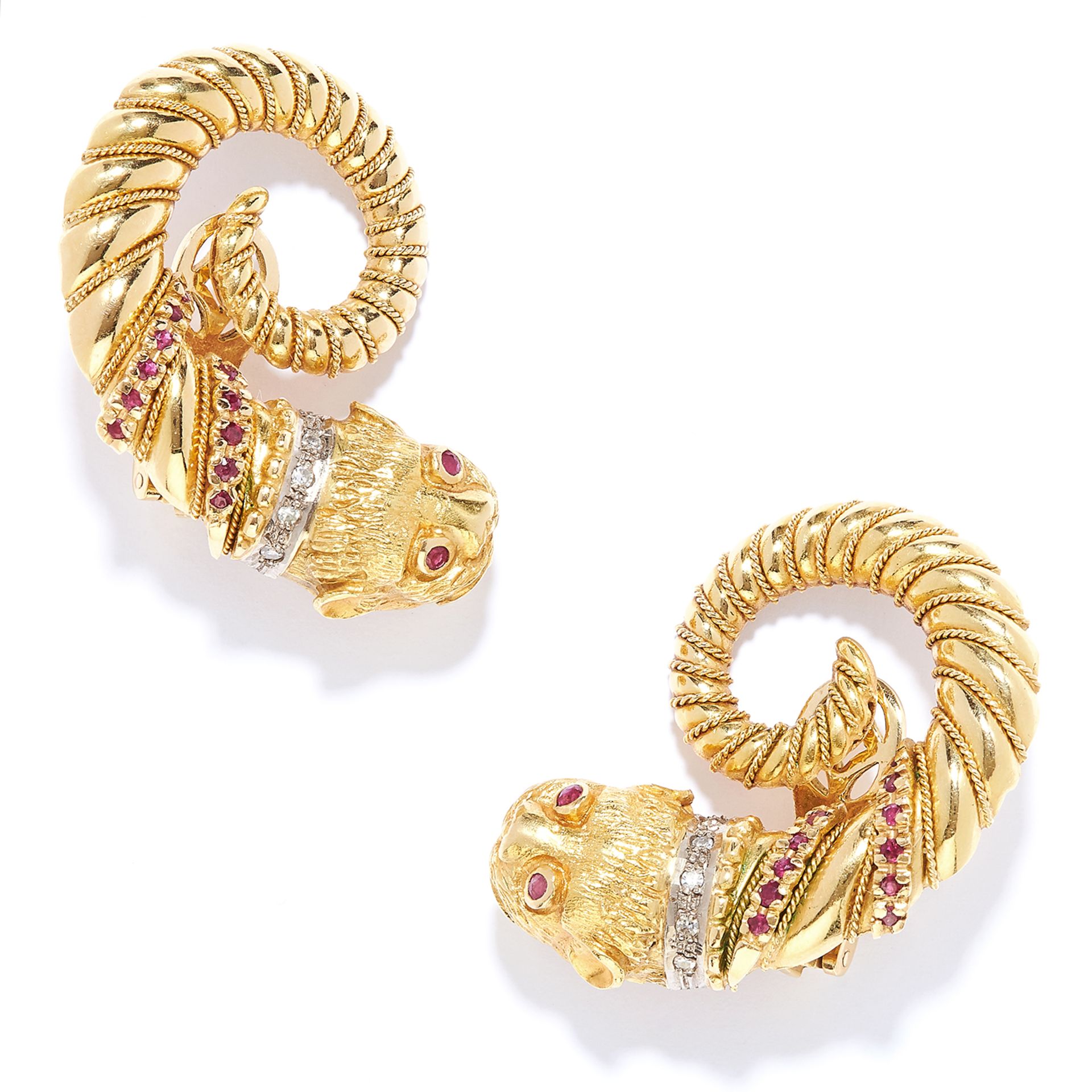 RUBY AND DIAMOND LION CLIP EARRINGS, LALAOUNIS in 18ct yellow gold, in Etruscan revival style,