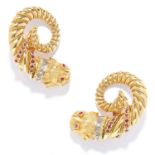 RUBY AND DIAMOND LION CLIP EARRINGS, LALAOUNIS in 18ct yellow gold, in Etruscan revival style,