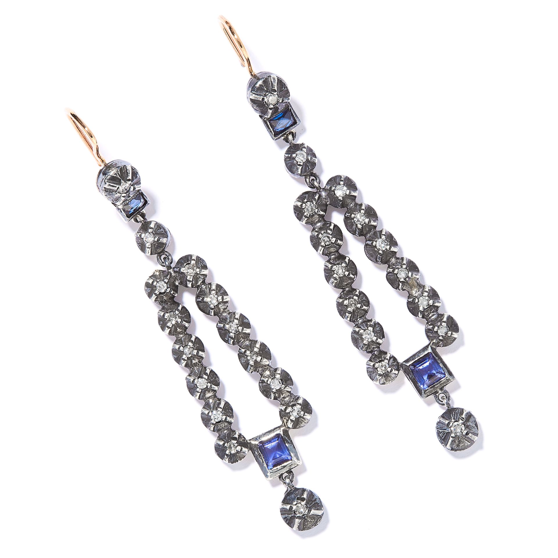 JEWELLED DIAMOND DROP EARRINGS in yellow gold and silver, the tapering bodies set with synthetic