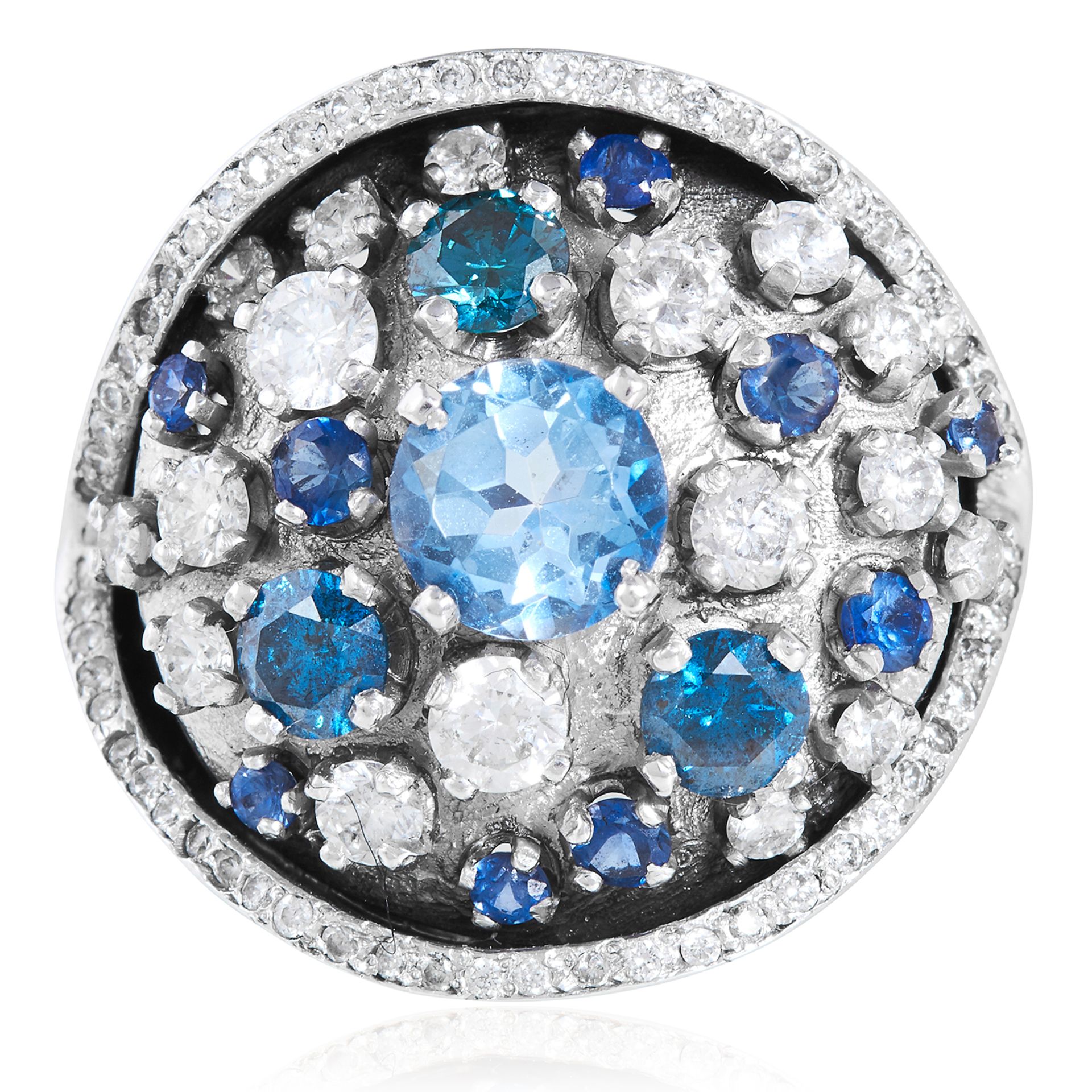 AN AQUAMARINE, BLUE DIAMOND, SAPPHIRE AND DIAMOND RING in 18ct white gold, of bombe form, set with a