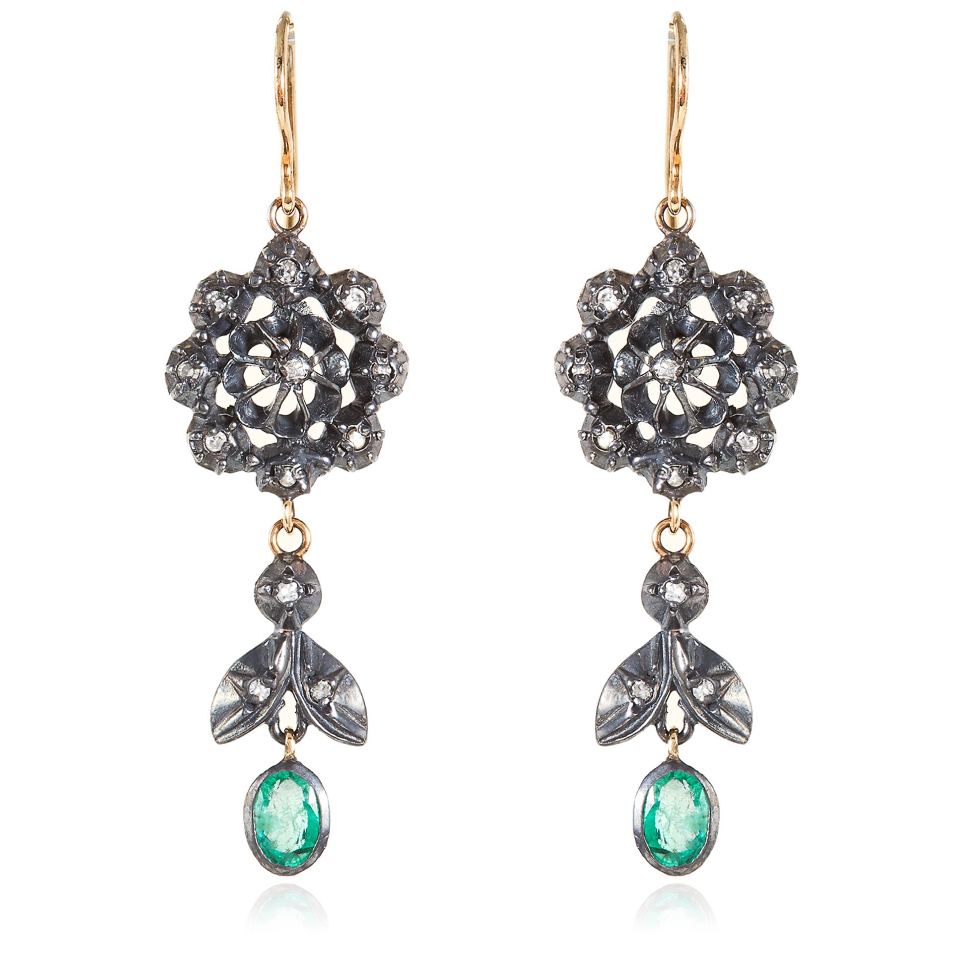A PAIR OF ANTIQUE EMERALD AND DIAMOND DROP EARRINGS in yellow gold and silver, the floral diamond