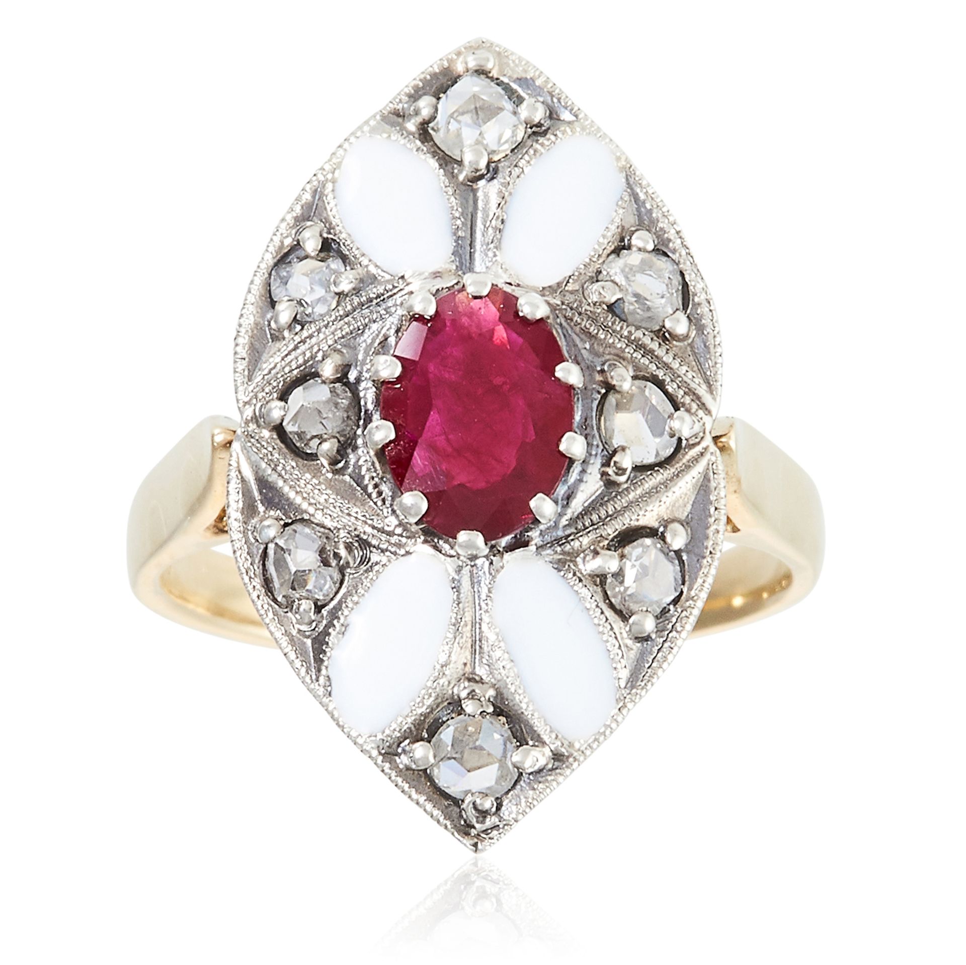 RUBY, DIAMOND AND ENAMEL RING in high carat yellow gold and silver, set with an oval cut ruby of 0.