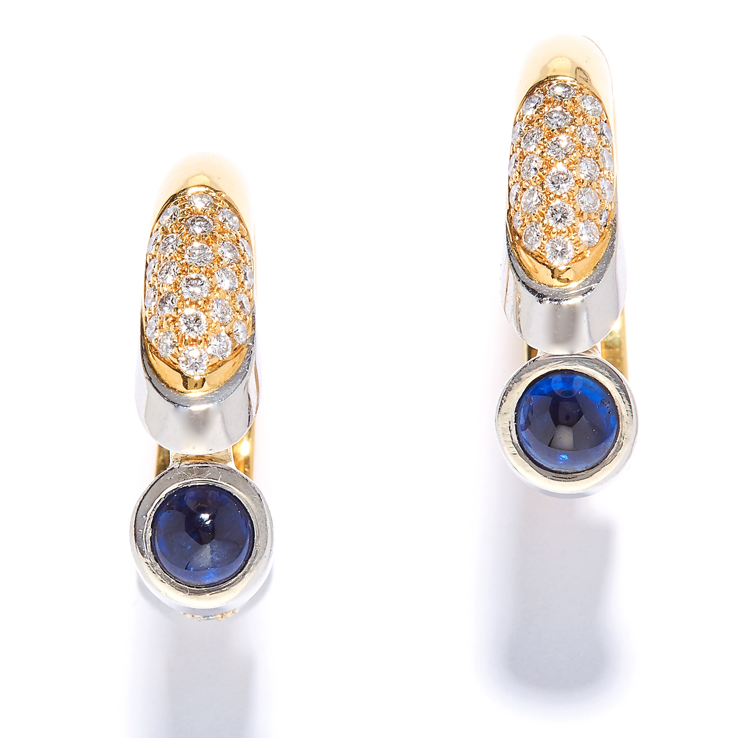 A PAIR OF SAPPHIRE AND DIAMOND HOOP EARRINGS in yellow gold, each set with a cabochon sapphire and