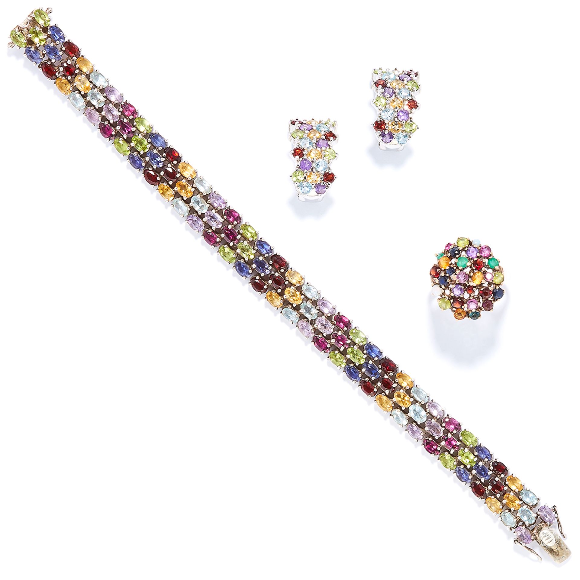 A TUTTI FRUTTI GEM SET BRACELET, EARRINGS AND RING SUITE in yellow gold