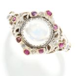MOONSTONE, RUBY AND DIAMOND RING, VICTORIAN in high carat yellow gold, set with a cabochon