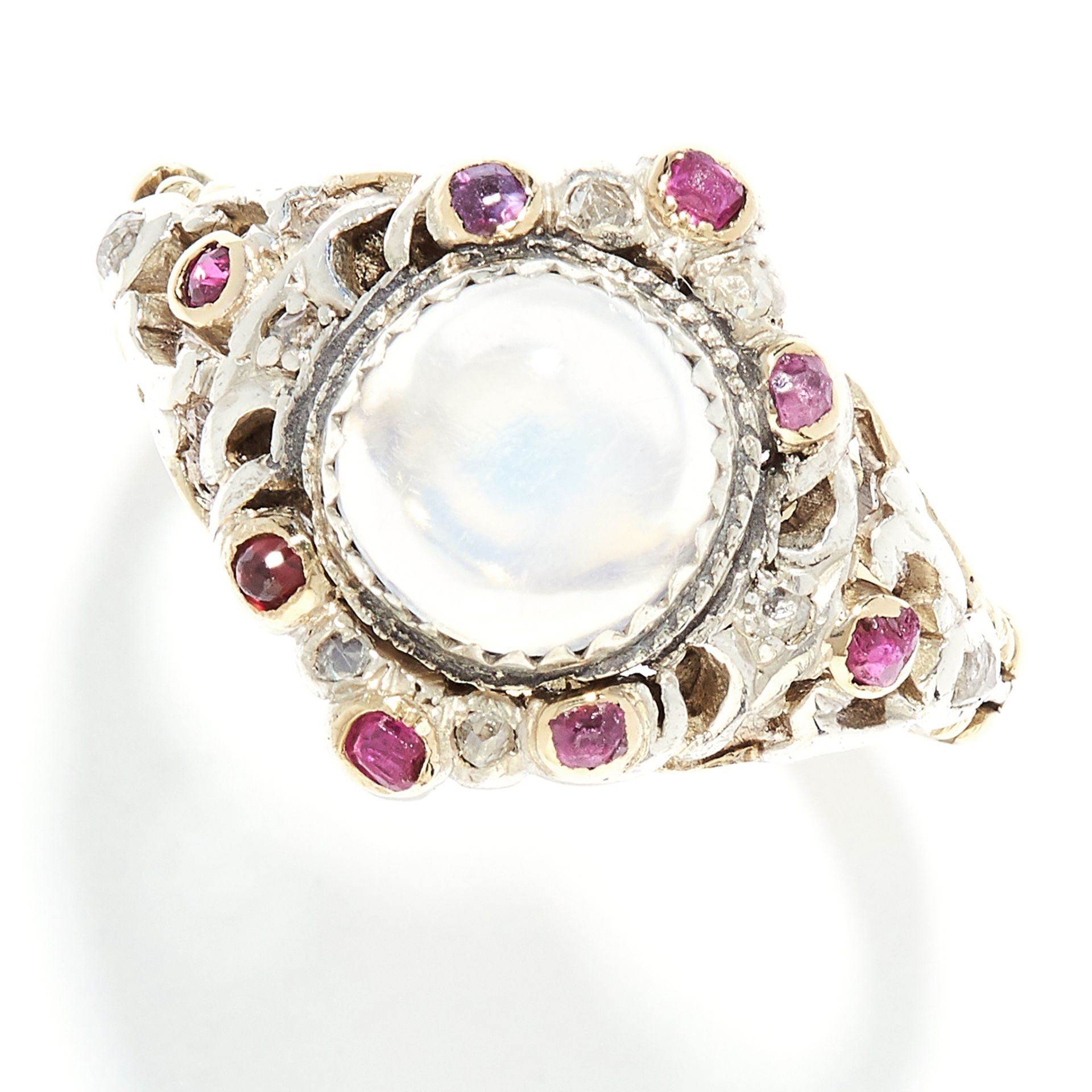 MOONSTONE, RUBY AND DIAMOND RING, VICTORIAN in high carat yellow gold, set with a cabochon