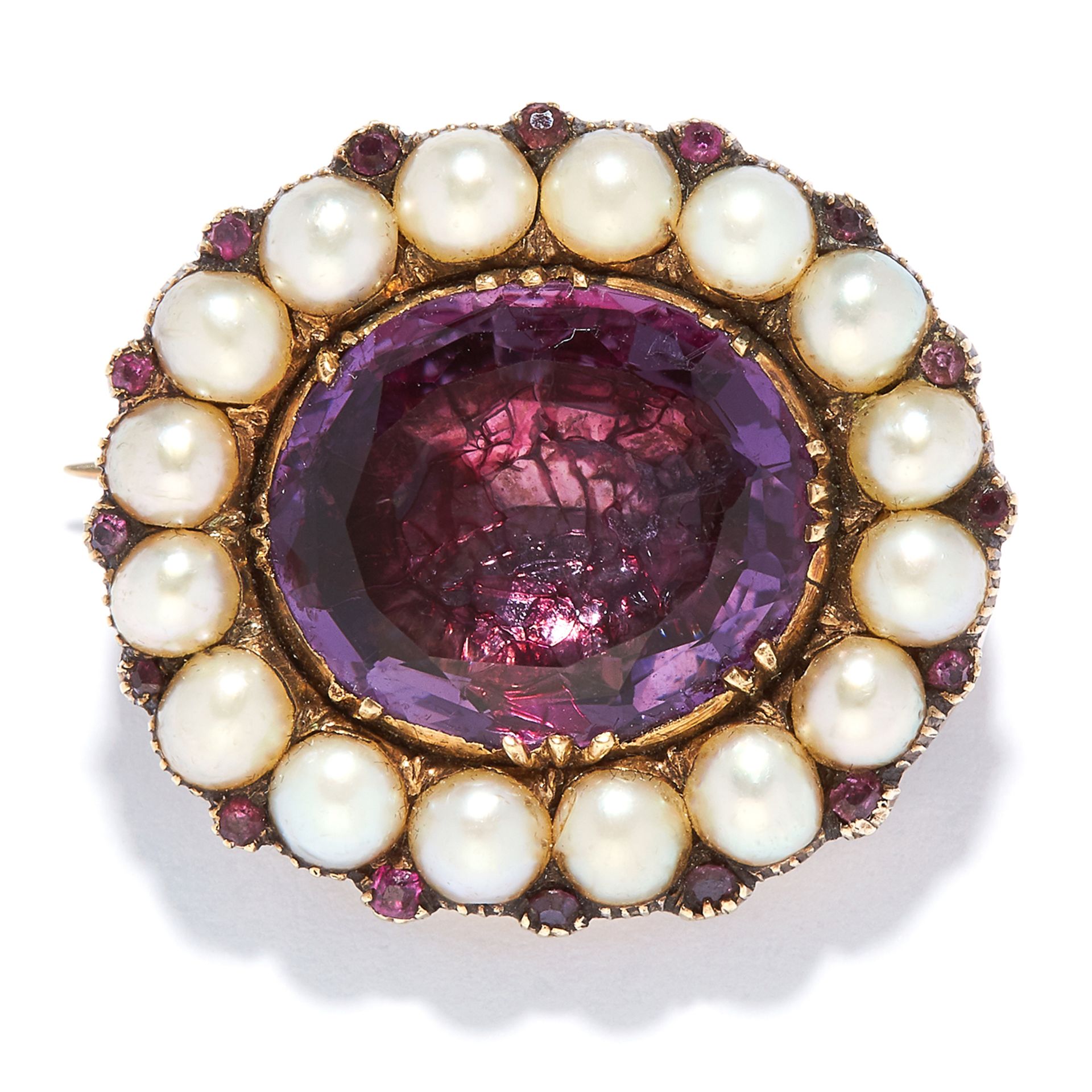 ANTIQUE AMETHYST AND PEARL BROOCH in high carat yellow gold, set with an oval cut amethyst in a